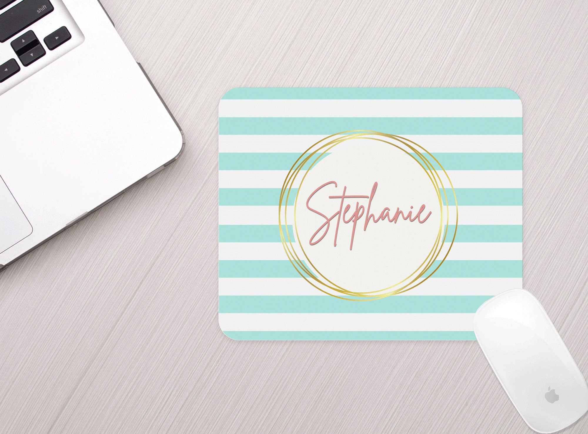 Personalized Mouse Pad Aqua Stripe Gold Personalized Mousepad