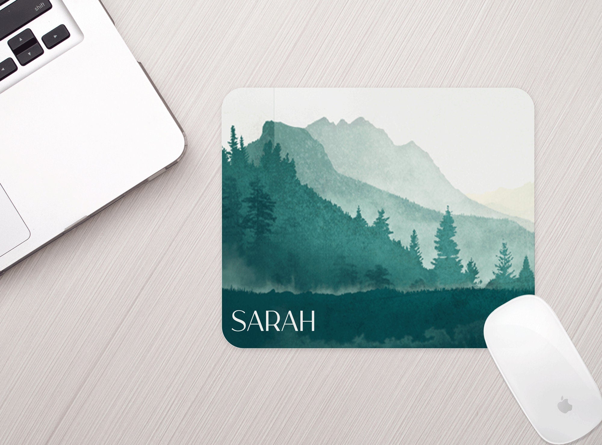 Personalized Mountain Mouse Pad Green Watercolor Mountain Mousepad