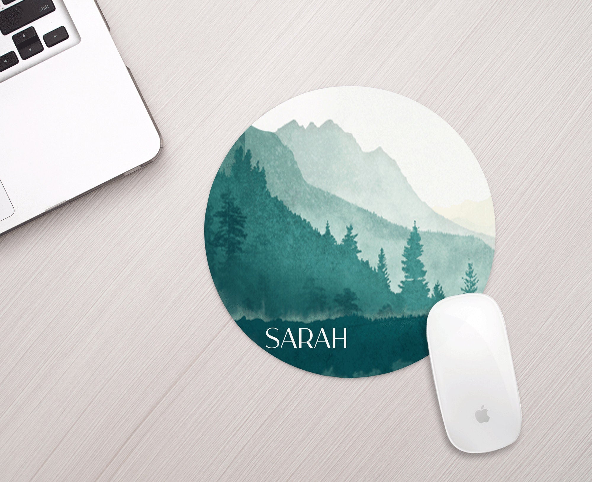 Personalized Mountain Mouse Pad Green Watercolor Mountain Mousepad