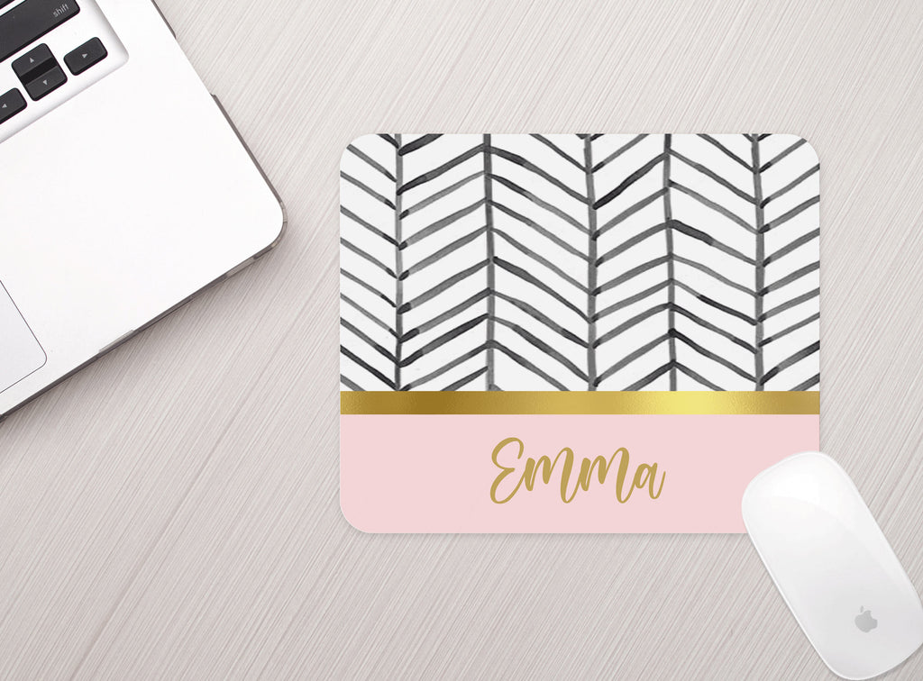 Personalized Mouse Pad Boho Black White Herringbone Pink Gold Personalized Mousepad