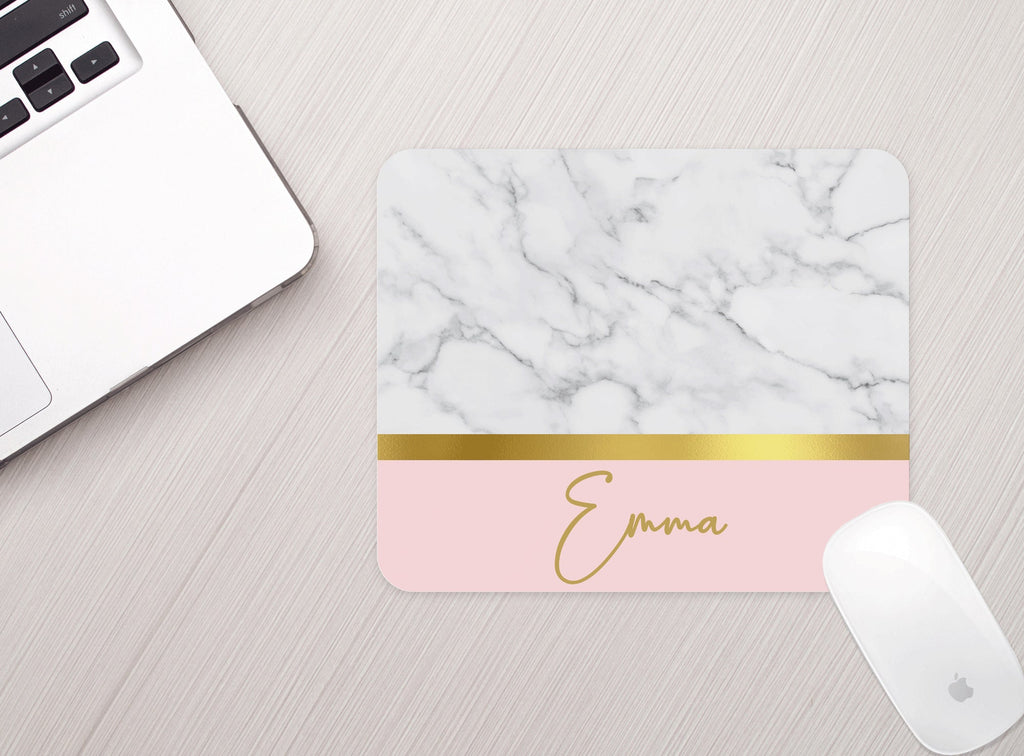Personalized Mouse Pad White Marble Pink Gold Personalized Mousepad