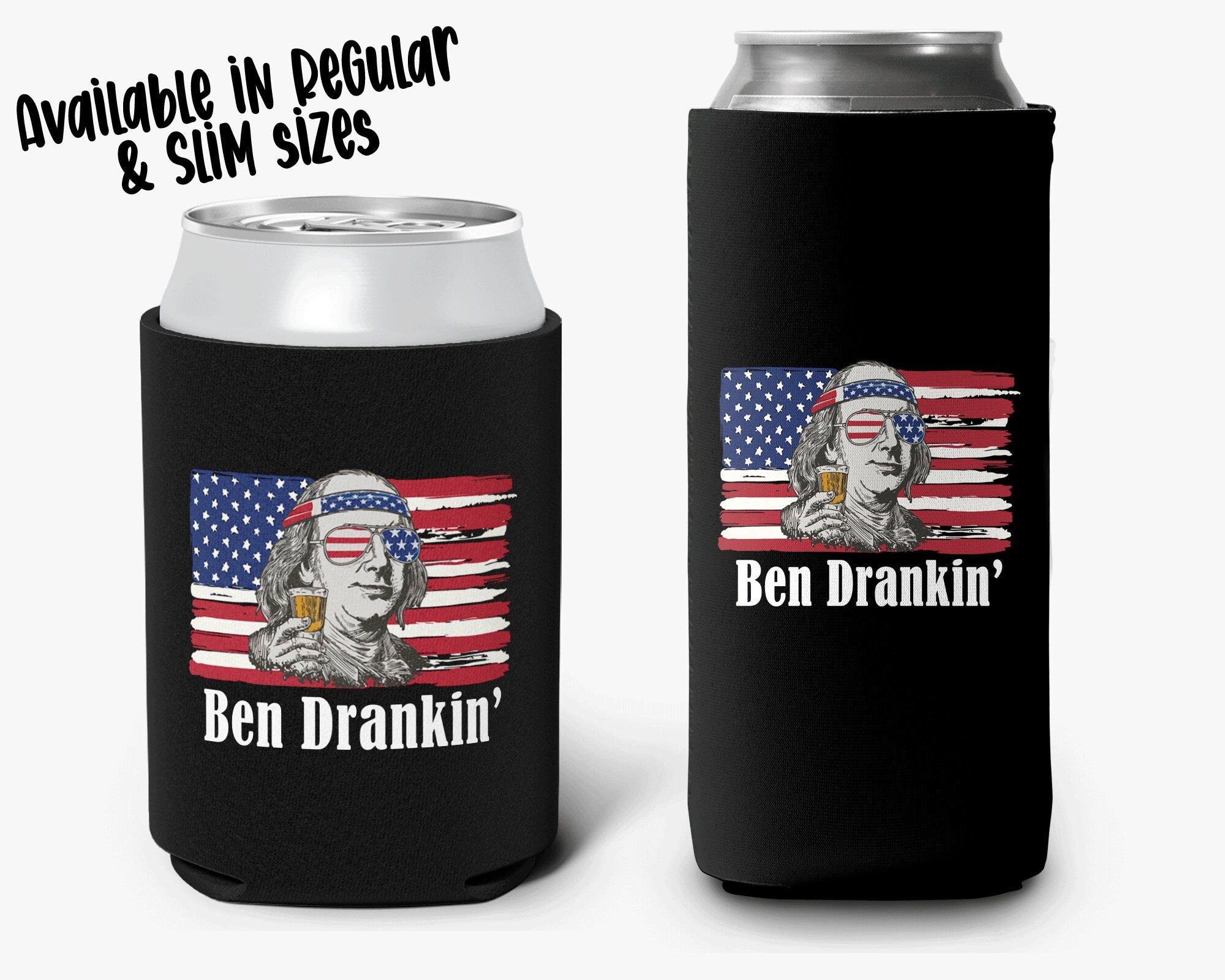 USA Red White Blue Stars & Stripes Personalized Can Cooler- Ben Drankin Can Holder