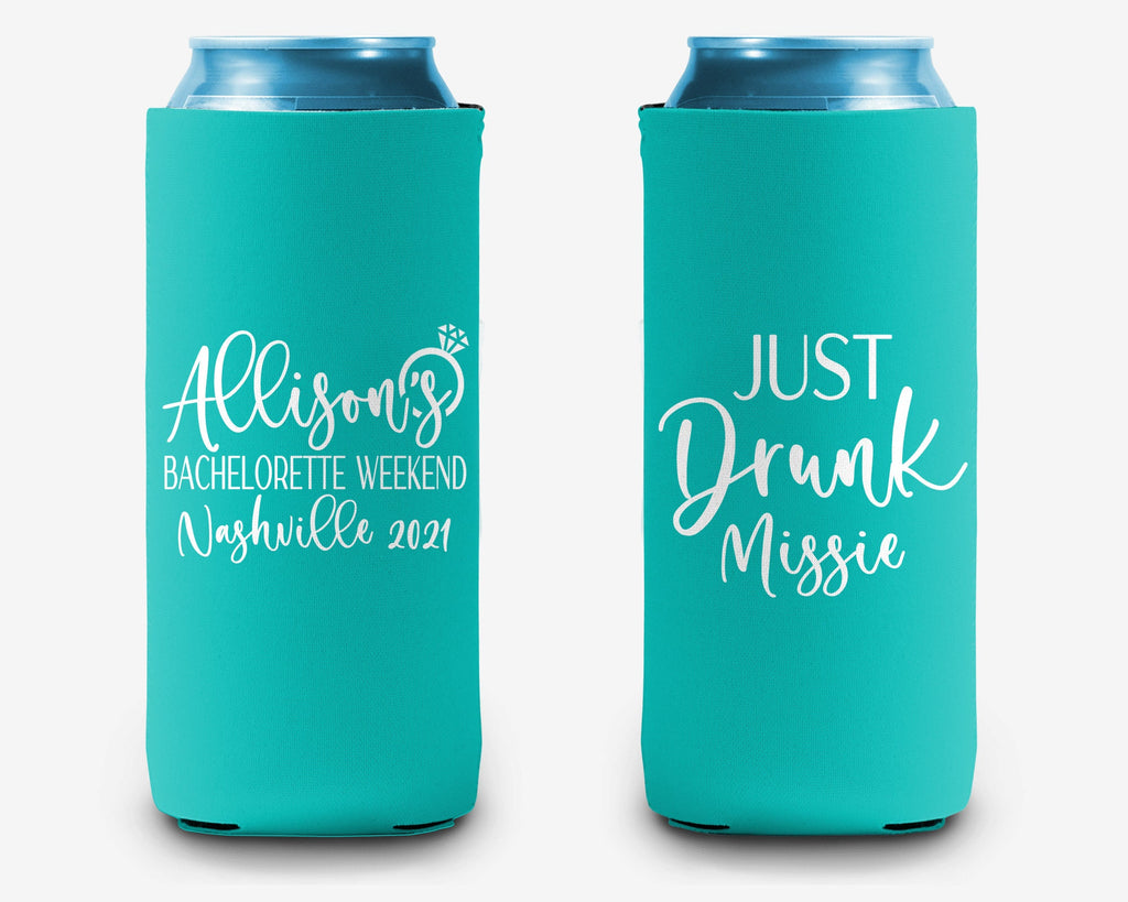 Drunk in Love Just Drunk Bachelorette Party Can Cooler Bridal Party Personalized Can Cooler Sleeve