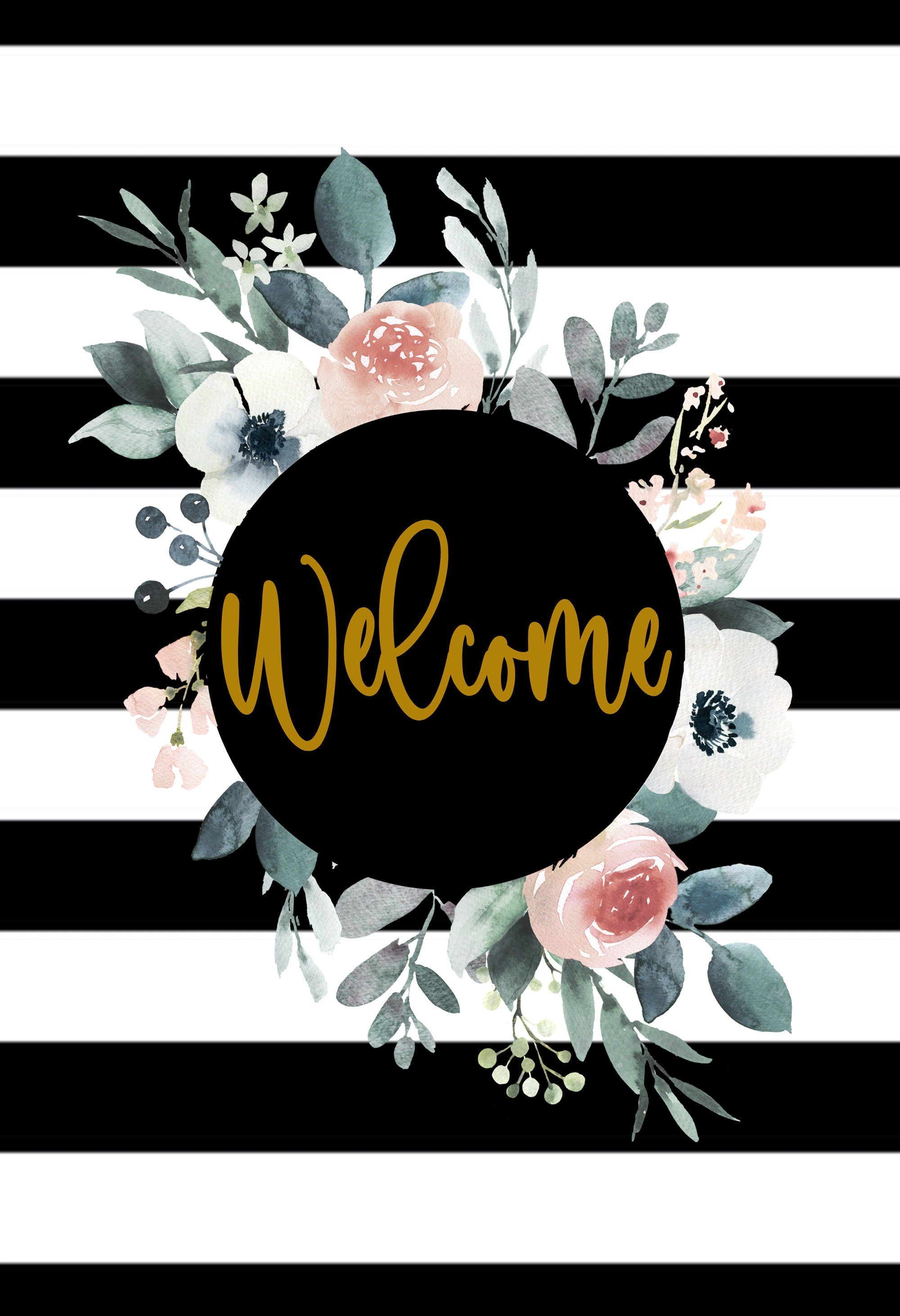 Black Stripe Floral Wreath Welcome Garden Flag