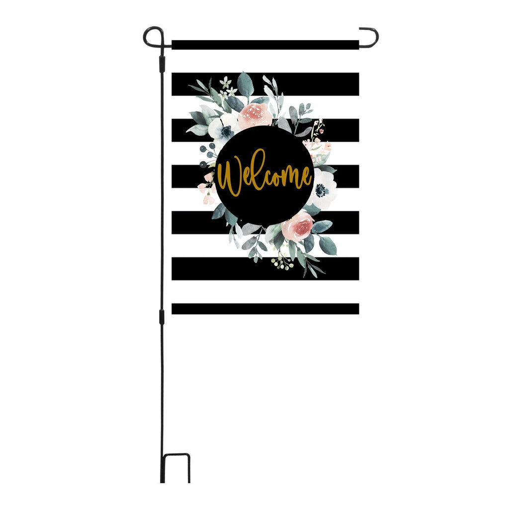 Black Stripe Floral Wreath Welcome Garden Flag