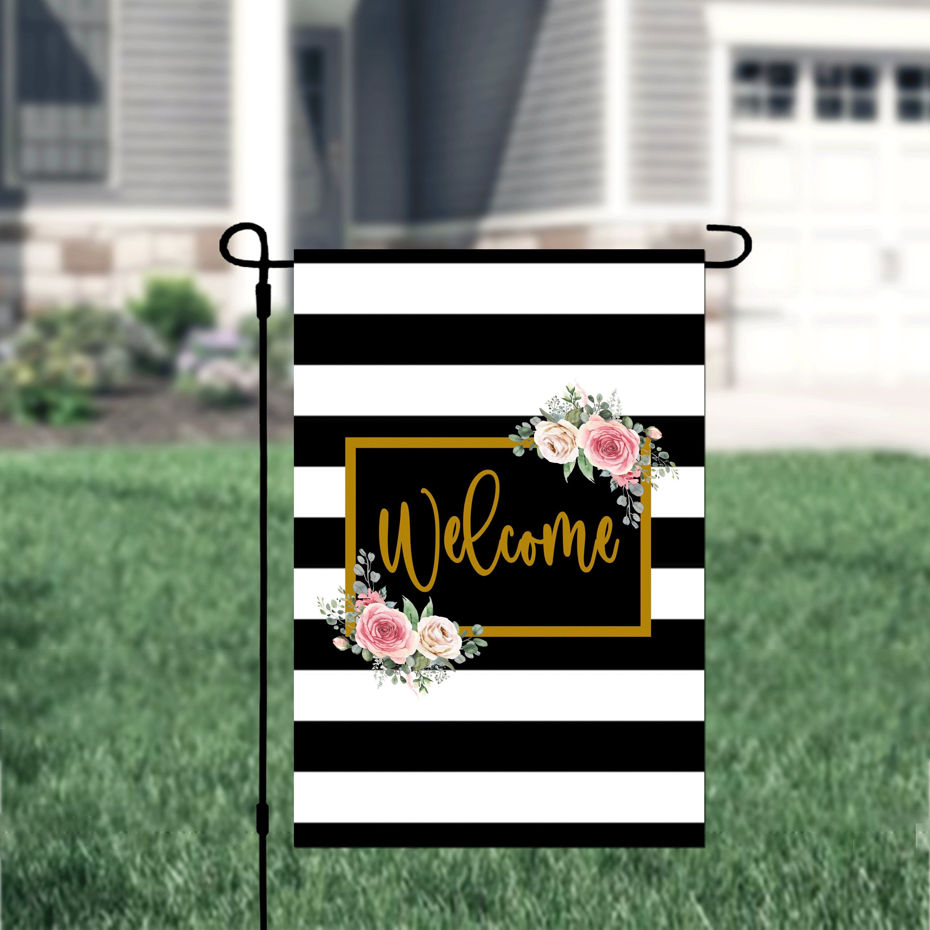 Black Stripe Floral Welcome Garden Flag