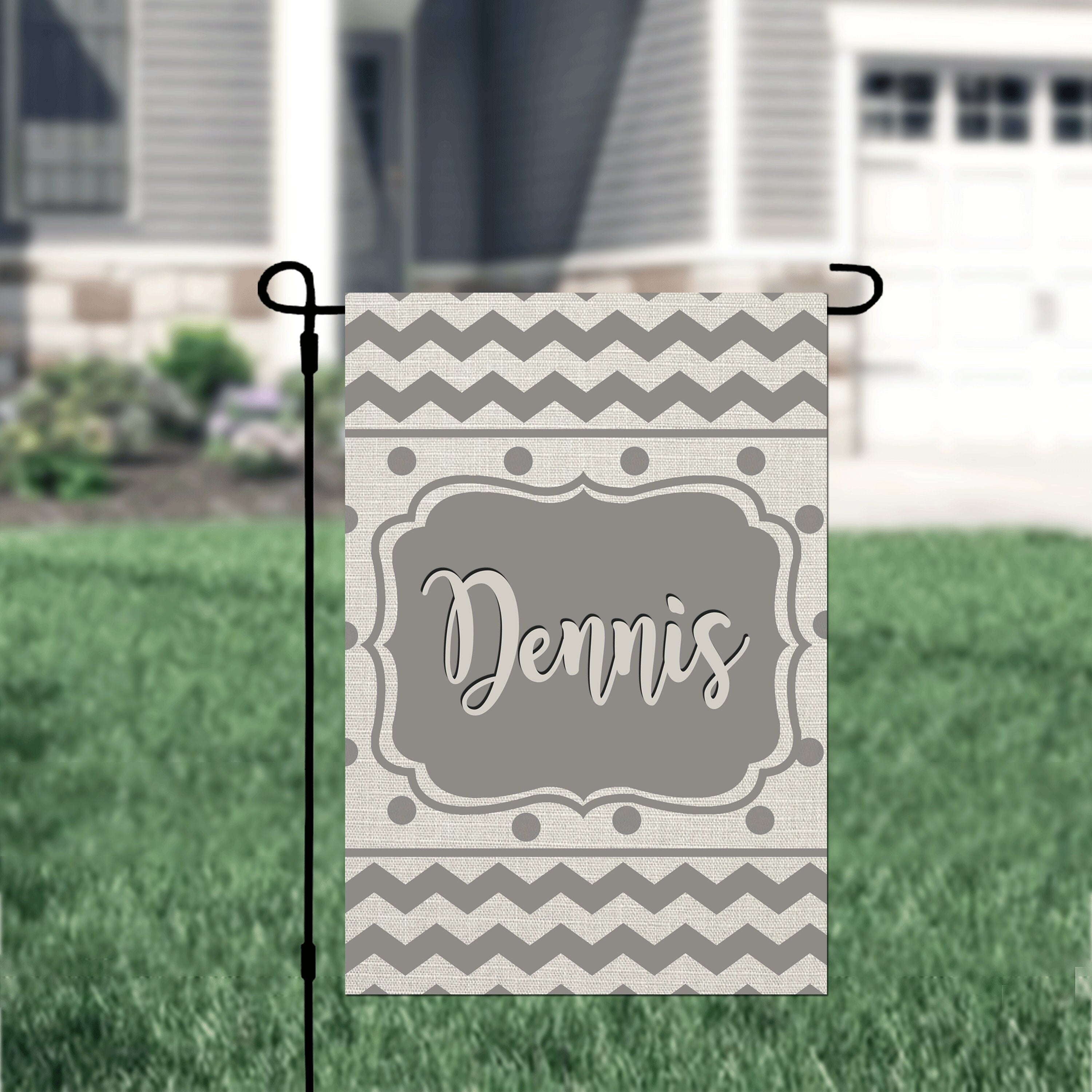 Personalized Custom Garden Flag Gray Chevron & Polka Dot Welcome Flag