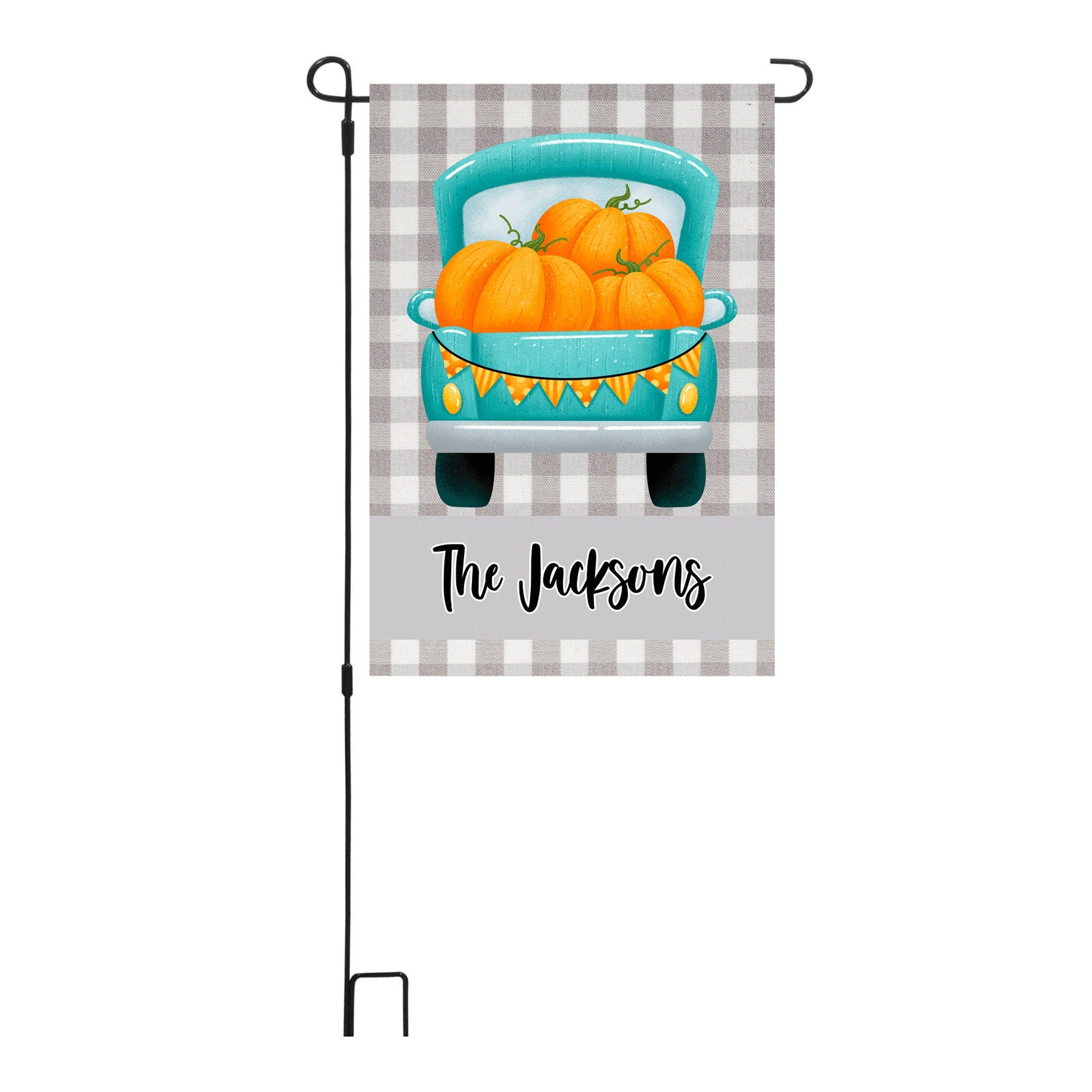 Fall Gray Plaid Truck Pumpkin Personalized Garden Flag Welcome Fall Personalized Garden Flag