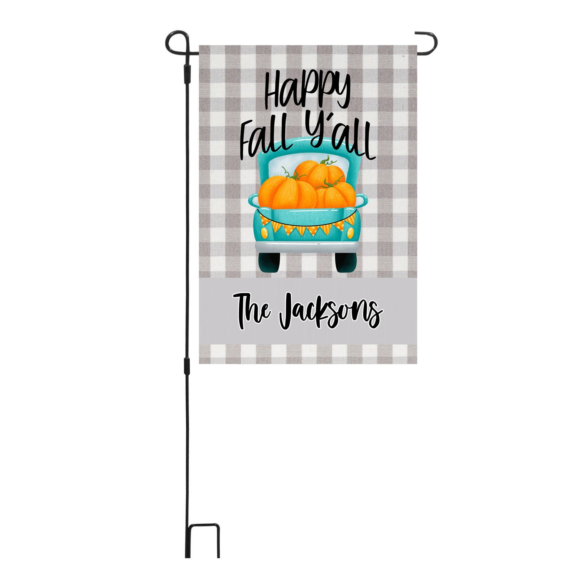 Happy Fall Y'all Gray Plaid Truck Pumpkin Personalized Garden Flag Welcome Fall Personalized Garden Flag