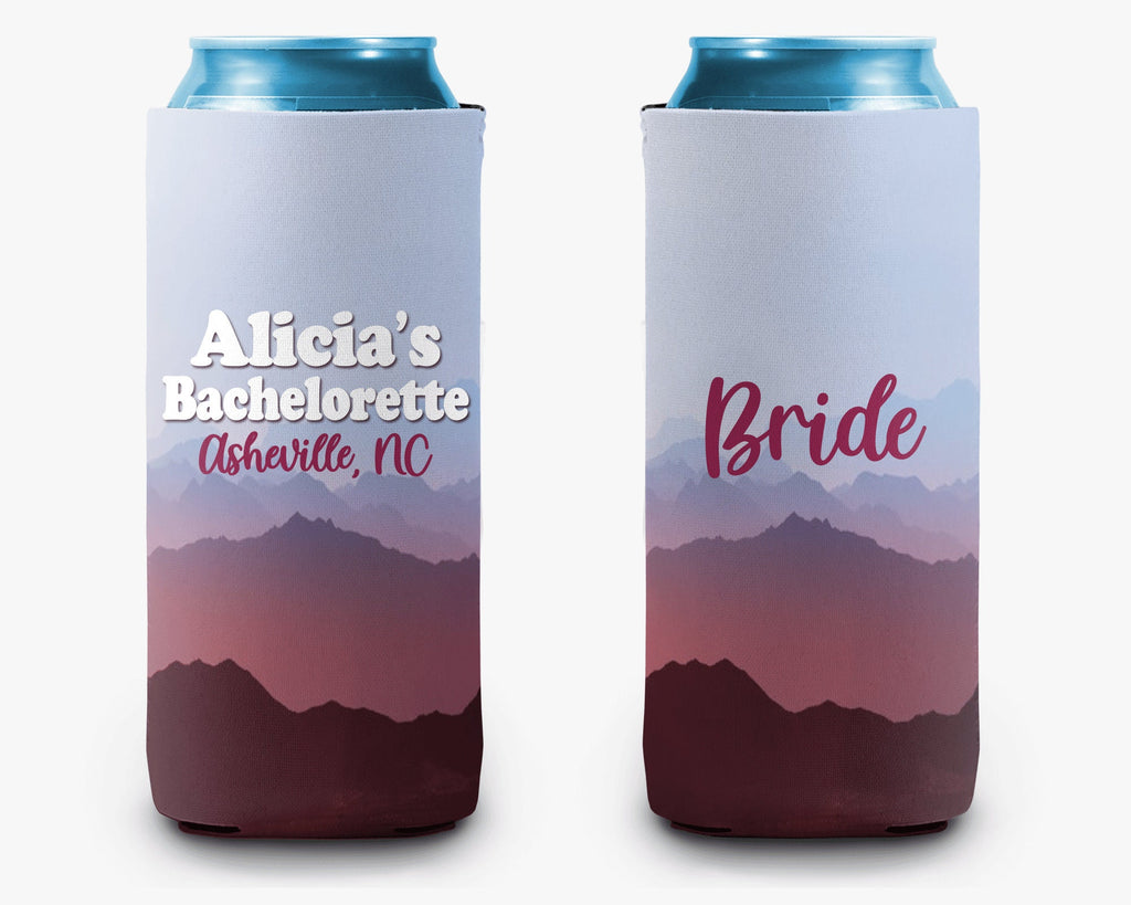Mountain Vintage Mauve Blue Bachelorette Party Trip Can Cooler Girls Trip Personalized Can Cooler Sleeve