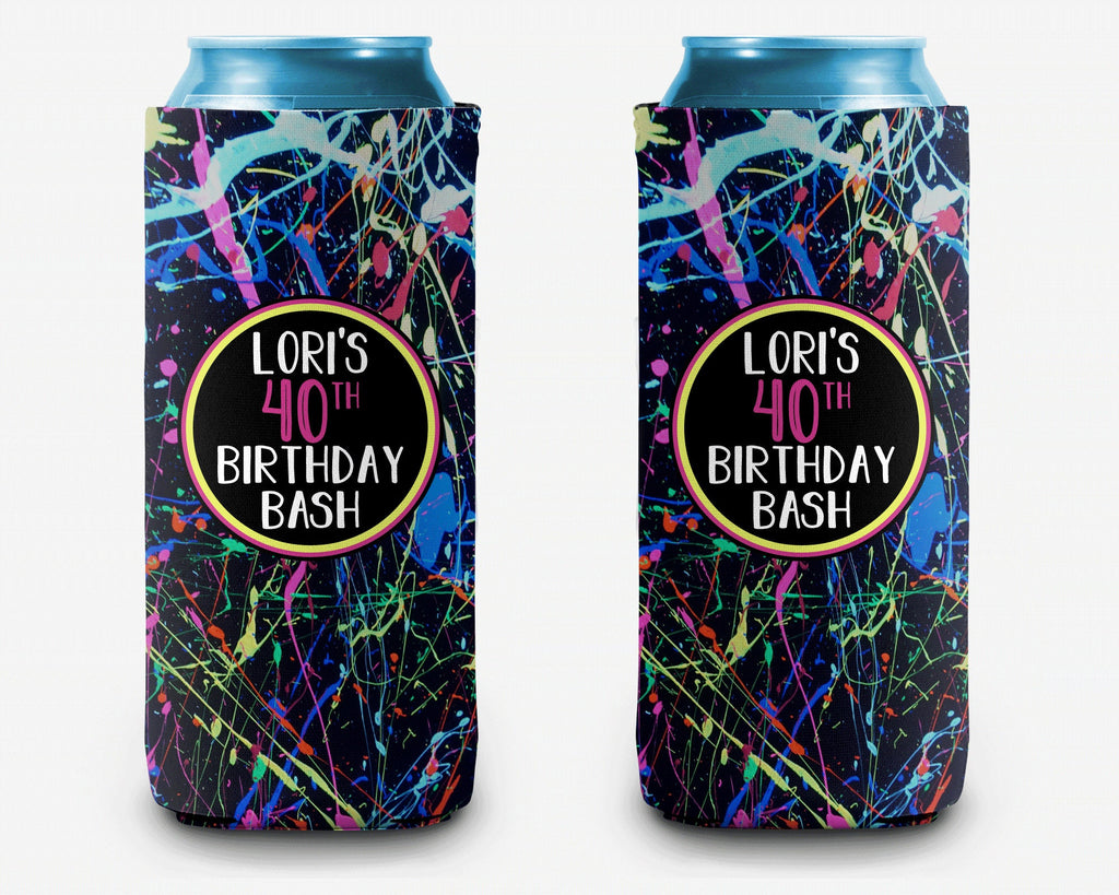 Retro Paint Splatter Birthday Can Cooler Party Huggers Personalized Can Cooler Sleeve