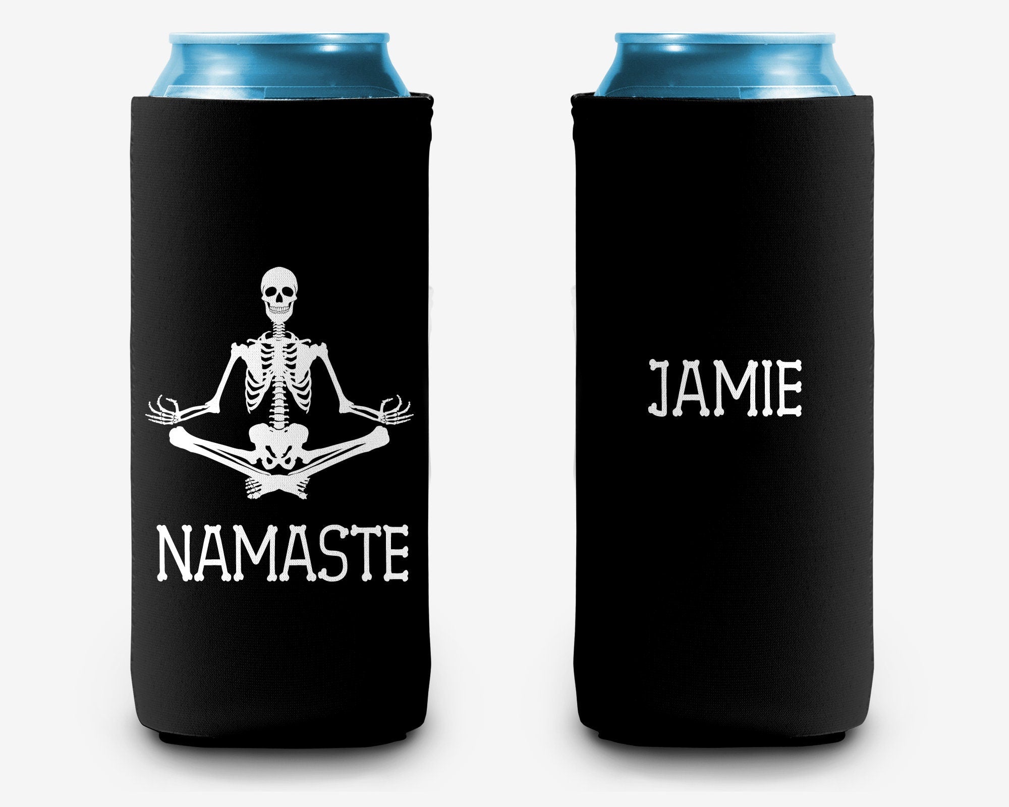 Yoga Skeleton Meditating Namaste Can Cooler Party Huggers Personalized Can Cooler Sleeve