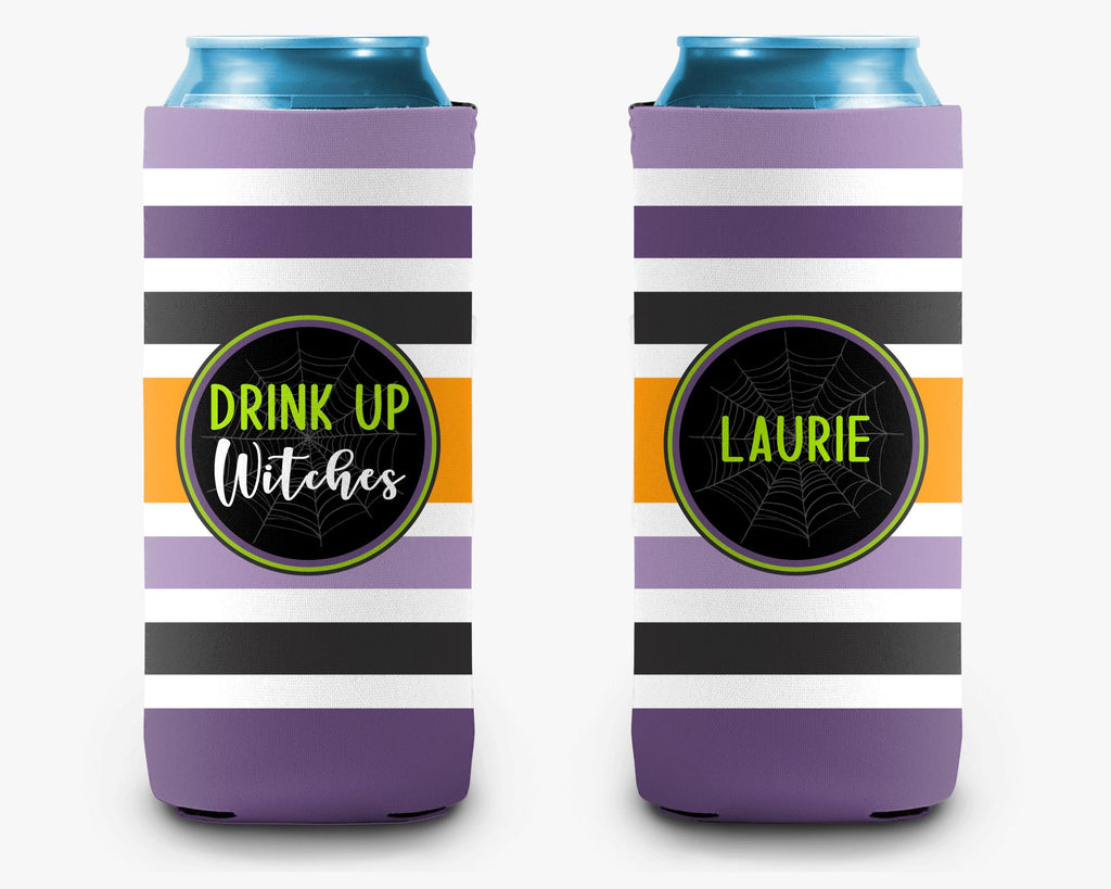 Drink Up Witches Halloween Stripe Can Cooler Party Huggers Personalized Can Cooler Sleeve