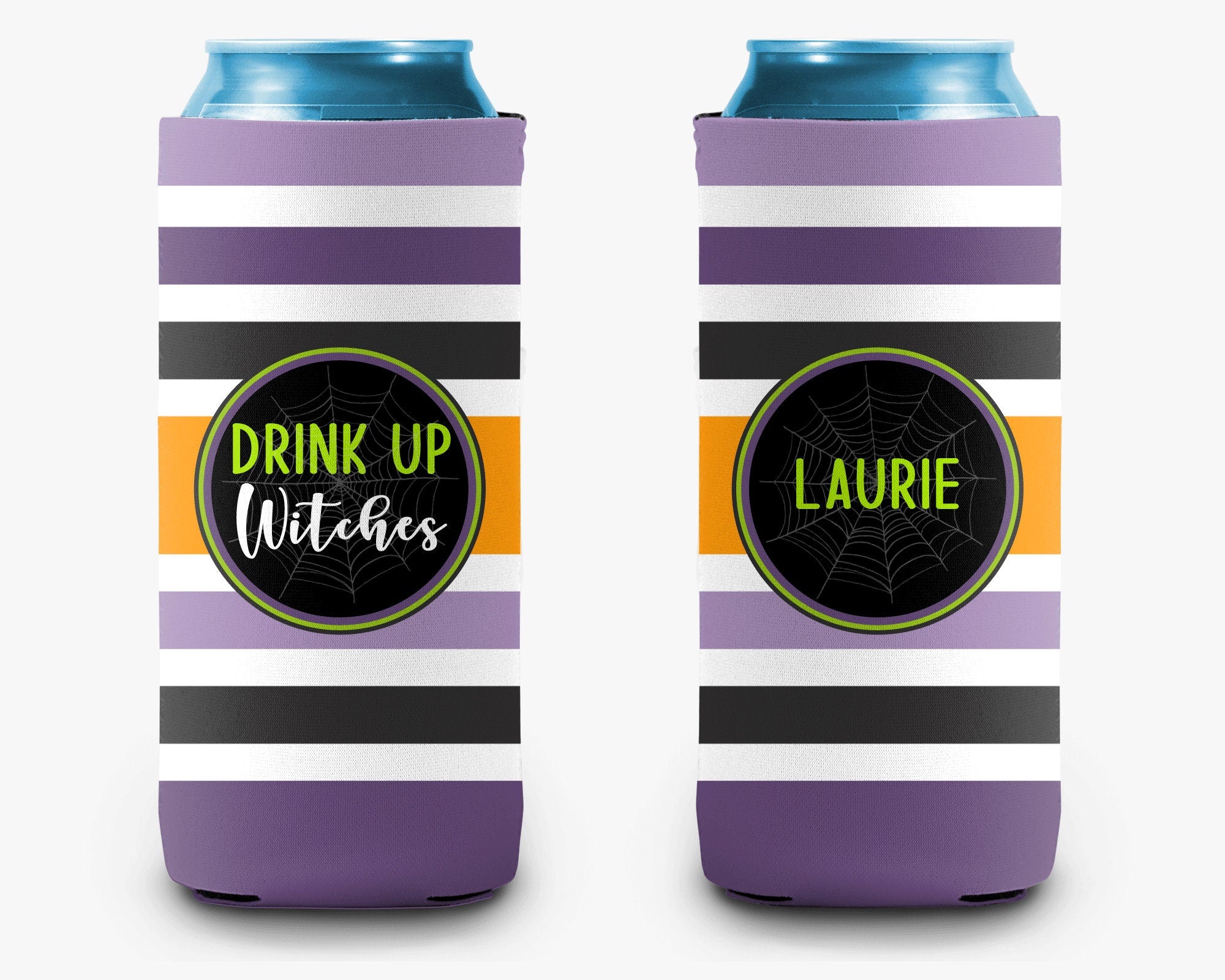 Drink Up Witches Halloween Stripe Can Cooler Party Huggers Personalized Can Cooler Sleeve