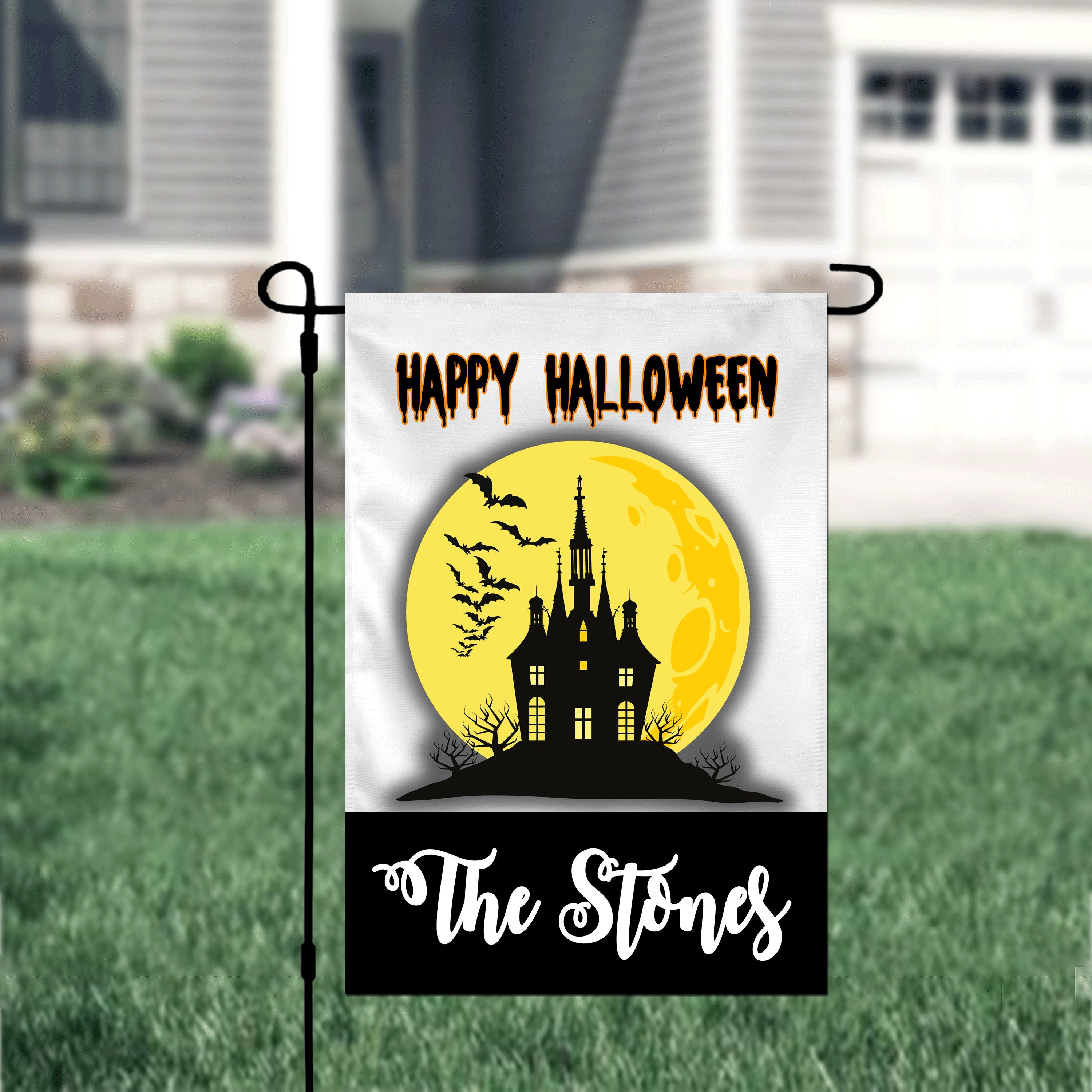 Halloween Haunted House Yellow Personalized Garden Flag Welcome Halloween Garden Flag