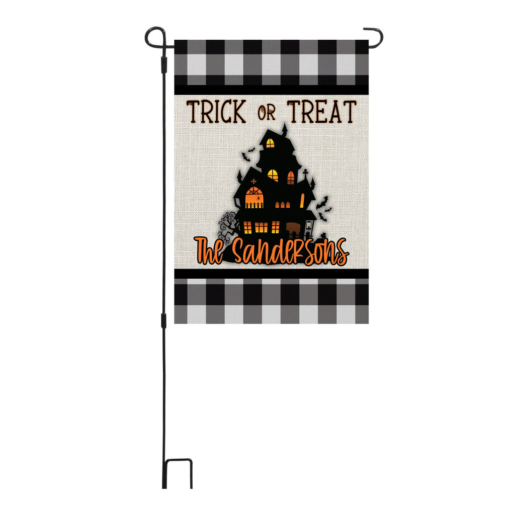 Black Plaid Halloween Haunted House Personalized Garden Flag Welcome Halloween Garden Flag