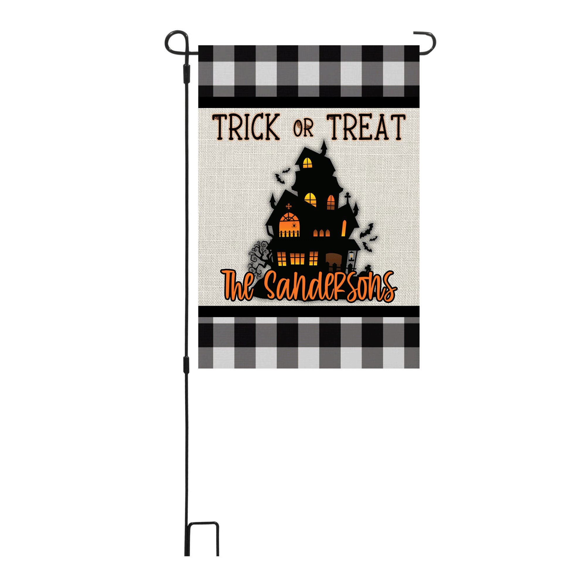 Black Plaid Halloween Haunted House Personalized Garden Flag Welcome Halloween Garden Flag