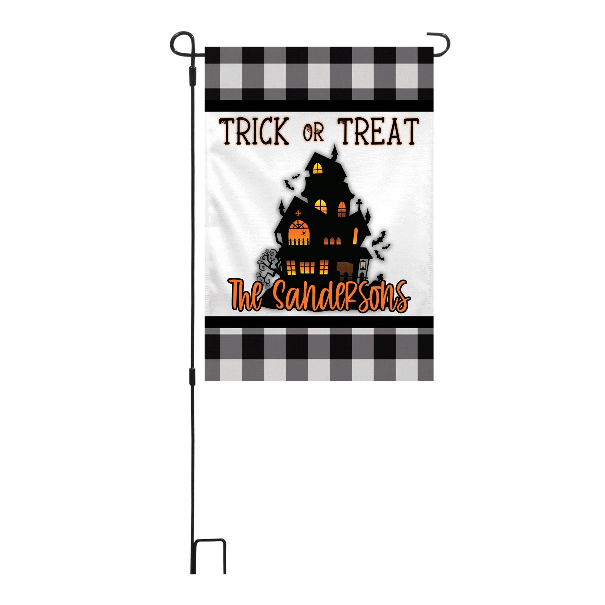 Black Plaid Halloween Haunted House Personalized Garden Flag Welcome Halloween Garden Flag