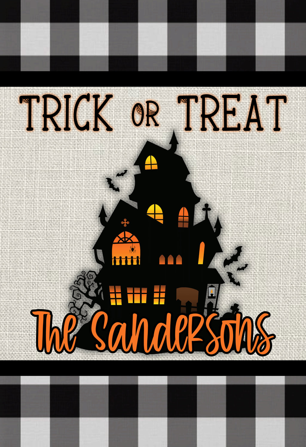 Black Plaid Halloween Haunted House Personalized Garden Flag Welcome Halloween Garden Flag