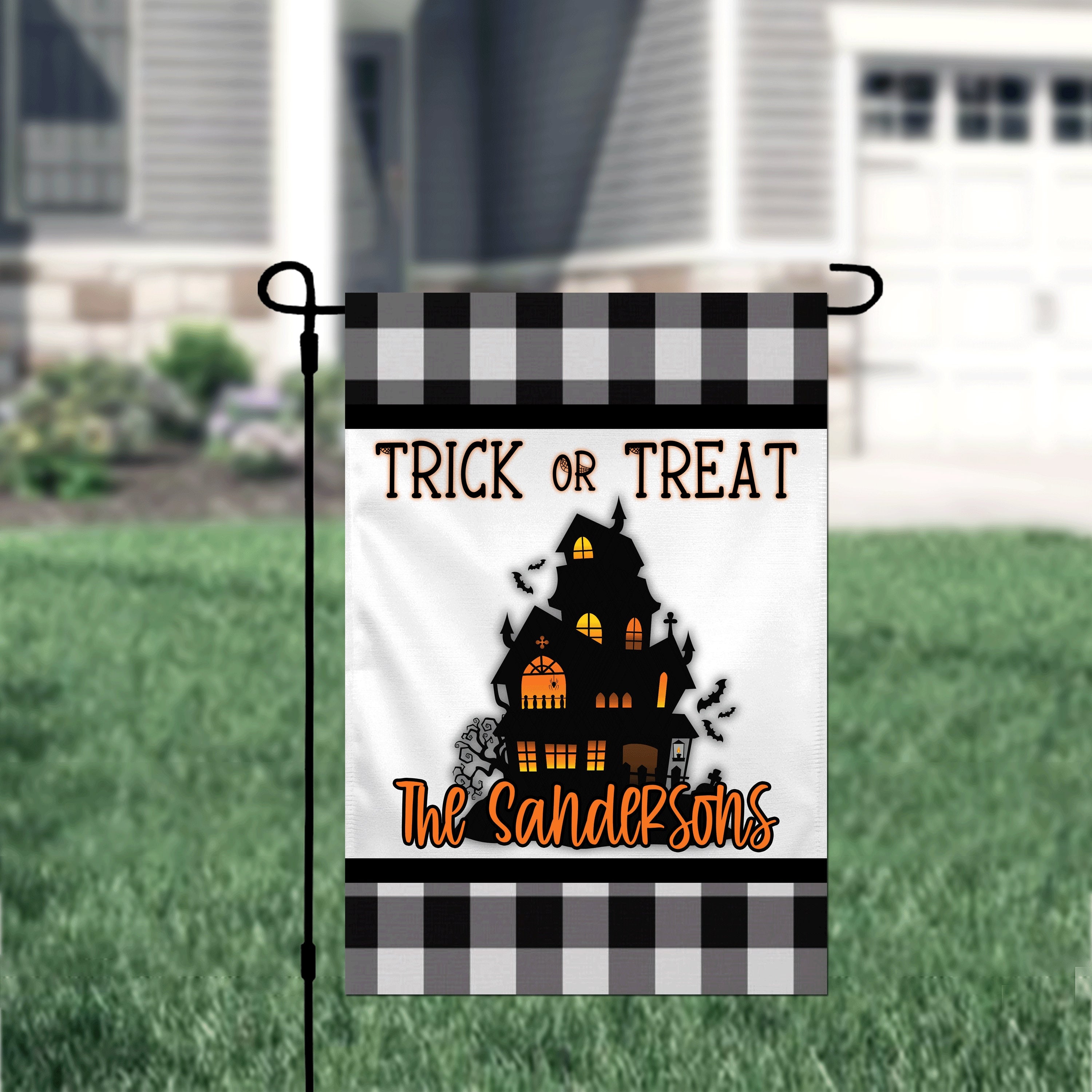 Black Plaid Halloween Haunted House Personalized Garden Flag Welcome Halloween Garden Flag