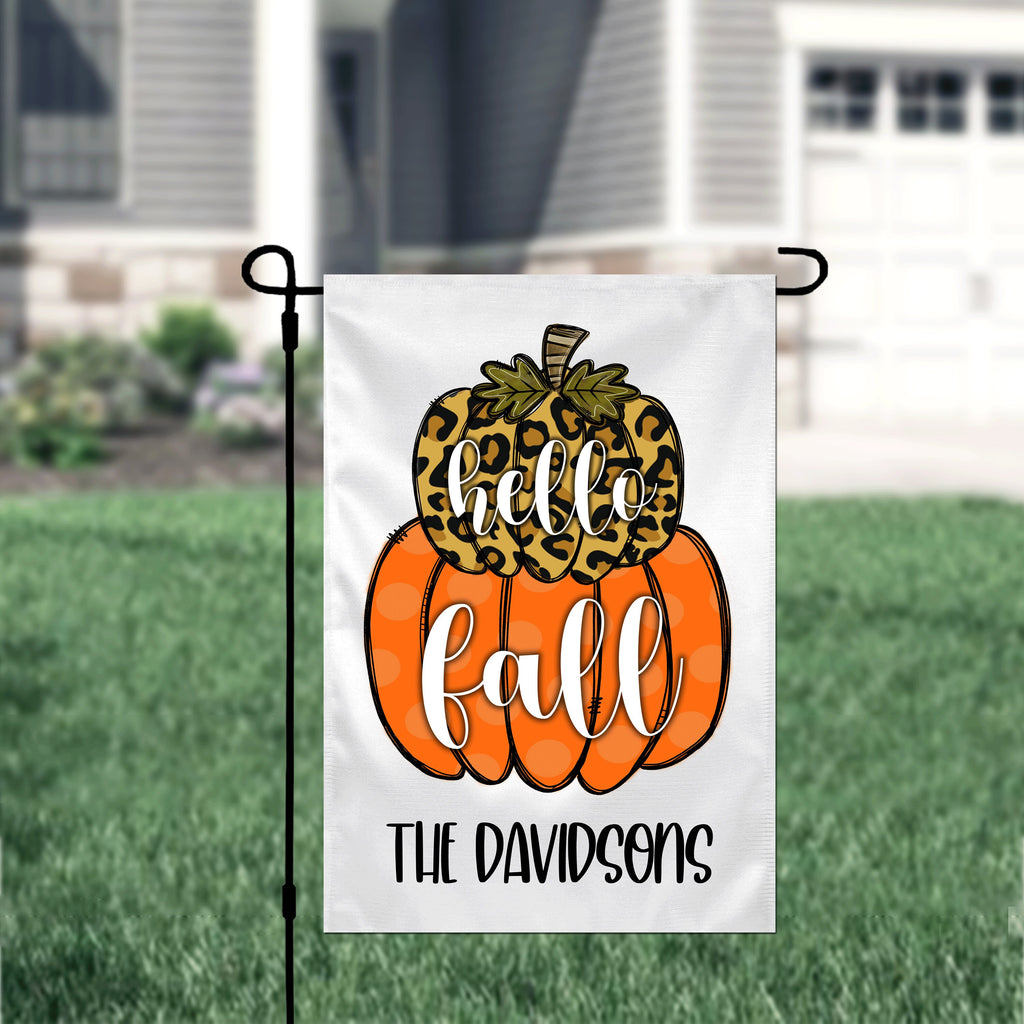 Hello Fall Personalized Double Pumpkin Garden Flag, Fall Yard Flag, Welcome Fall Garden Flag