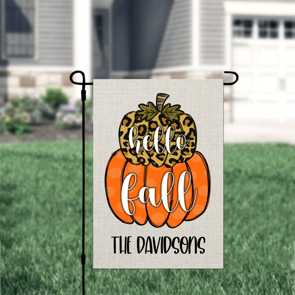Hello Fall Personalized Double Pumpkin Garden Flag, Fall Yard Flag, Welcome Fall Garden Flag