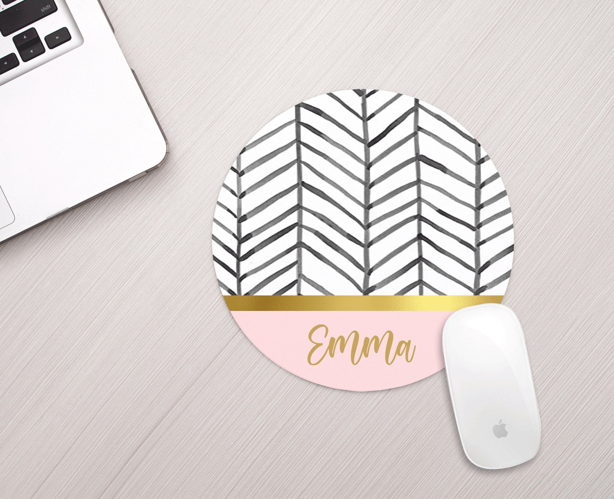 Personalized Mouse Pad Boho Black White Herringbone Pink Gold Personalized Mousepad