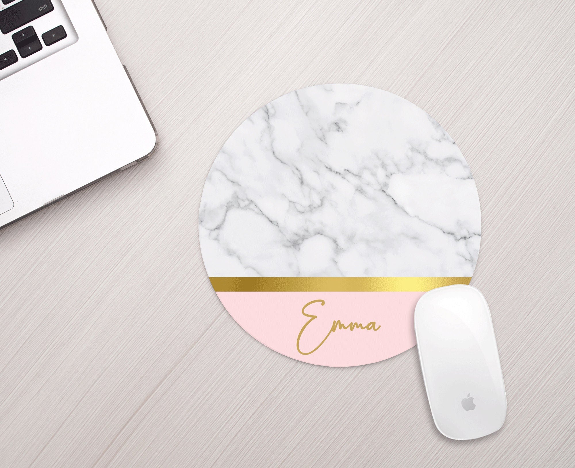 Personalized Mouse Pad White Marble Pink Gold Personalized Mousepad