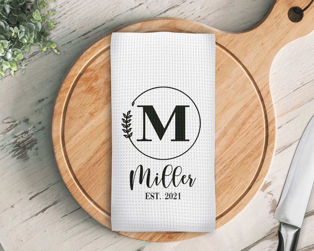 Personalized Name Kitchen Towel, Black Circle Stem Family Name Waffle Weave Custom Kitchen Towel