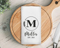 Personalized Name Kitchen Towel, Black Circle Stem Family Name Waffle Weave Custom Kitchen Towel