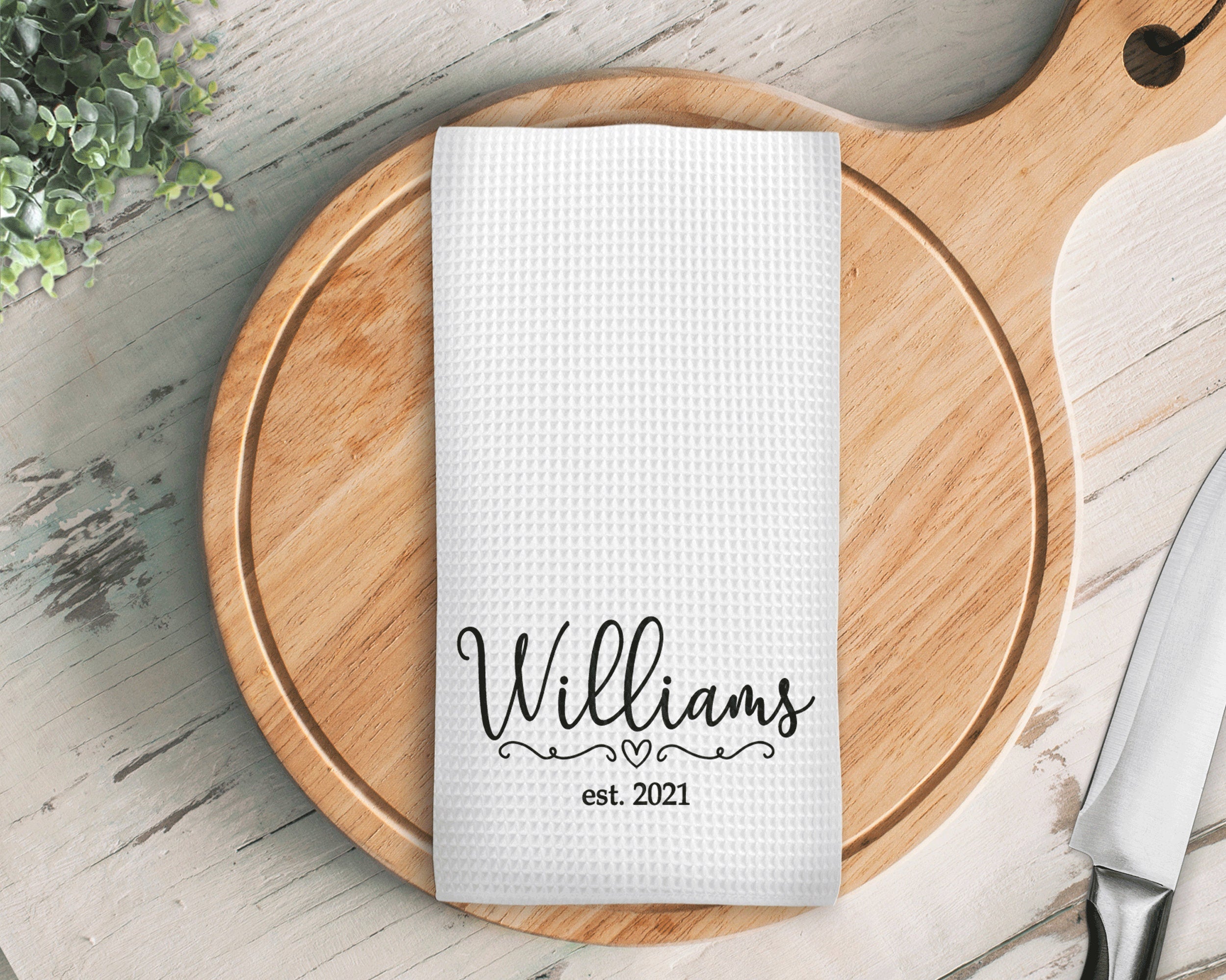 Personalized Name Kitchen Towel, Script Family Name Heart Waffle Weave Custom Kitchen Towel