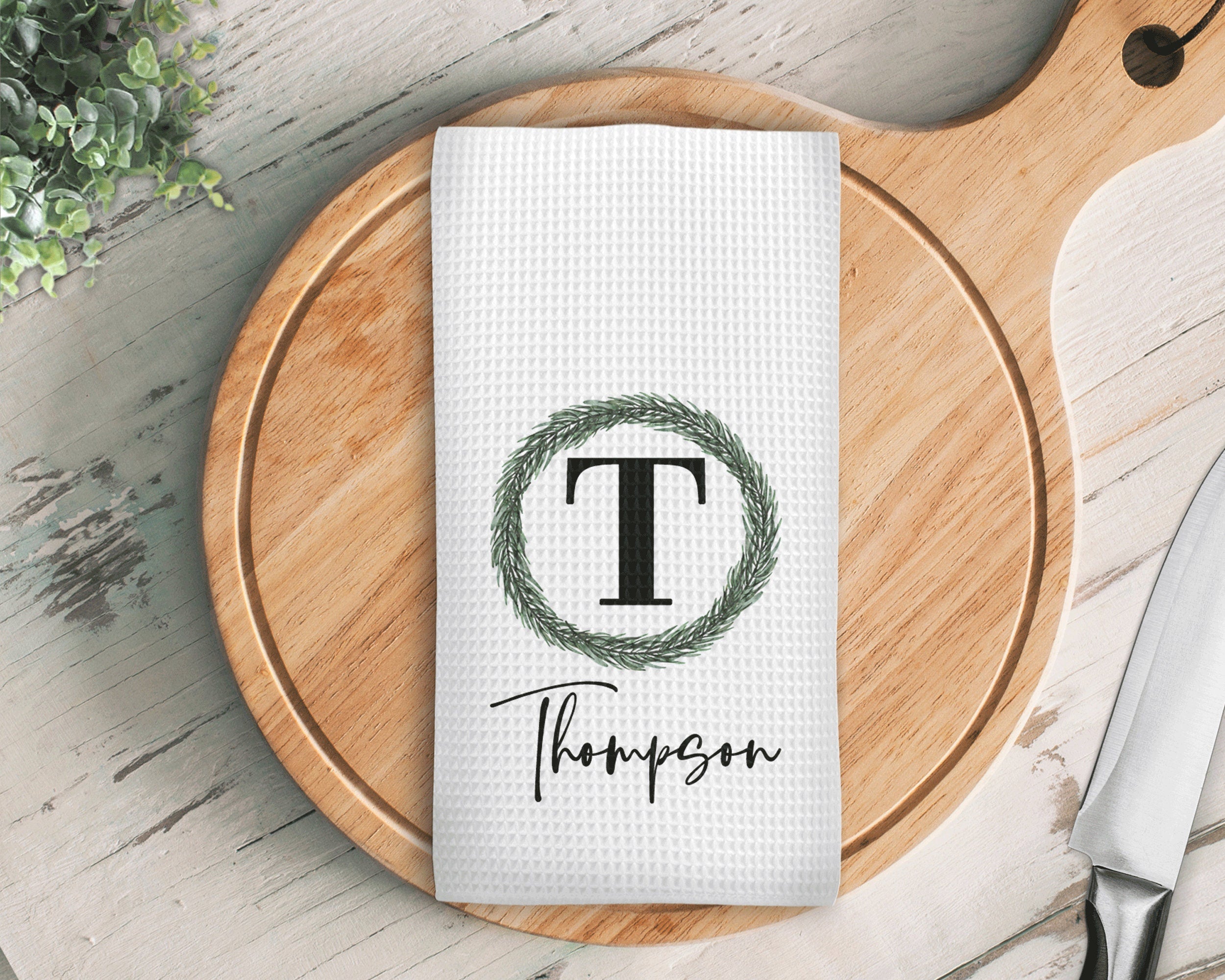 Personalized Name Kitchen Towel, Winter Wreath Initial Name Waffle Weave Custom Kitchen Towel