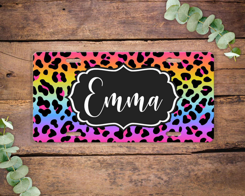 Rainbow Leopard Print License Plate , Name Vanity Monogram License Plate