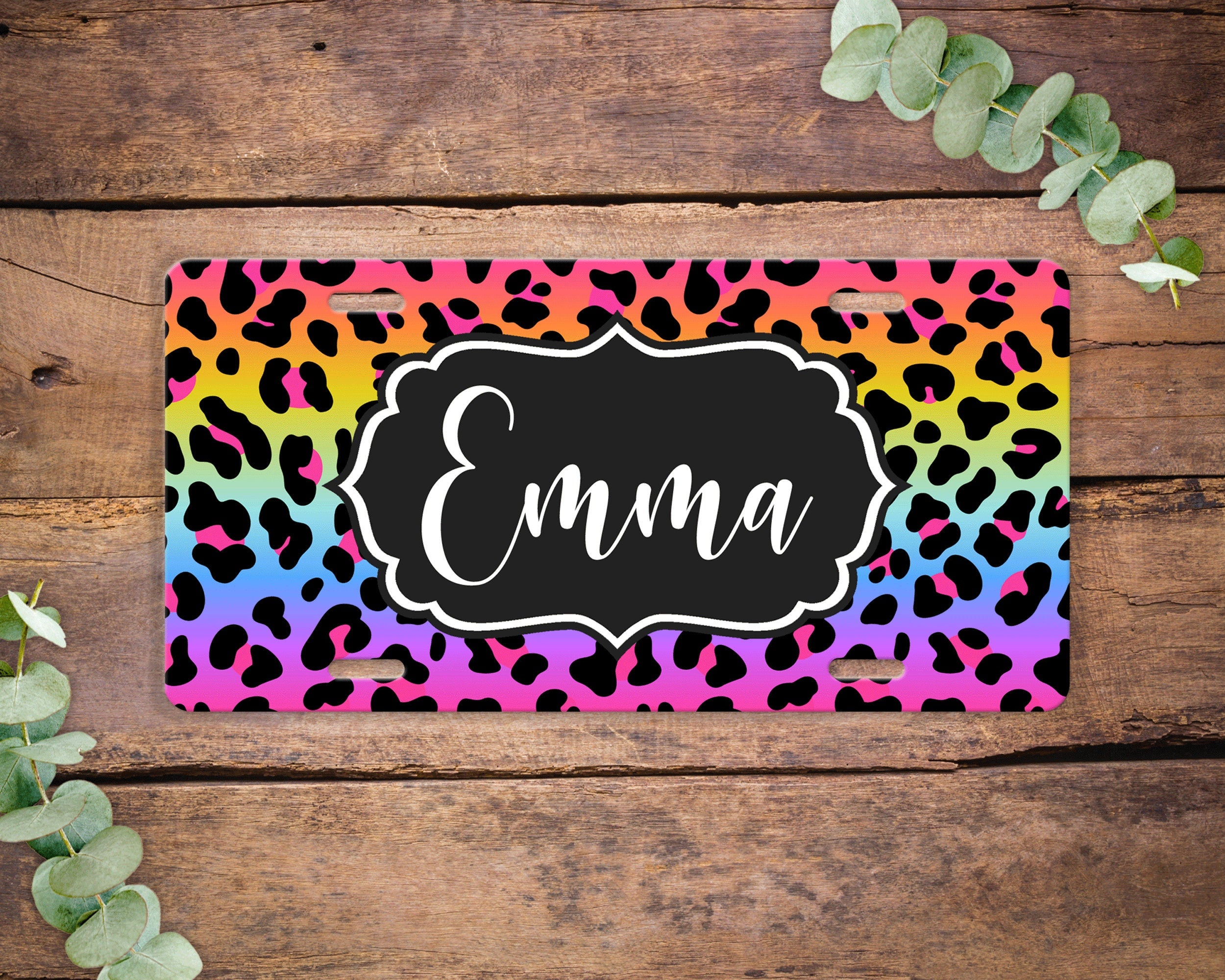 Rainbow Leopard Print License Plate , Name Vanity Monogram License Plate