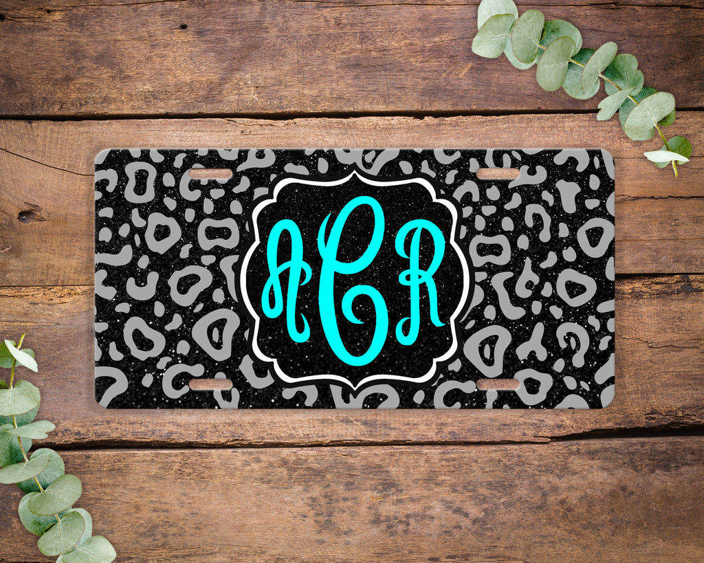 Faux Black Glitter Leopard Animal Print License Plate , Monogram Vanity License Plate