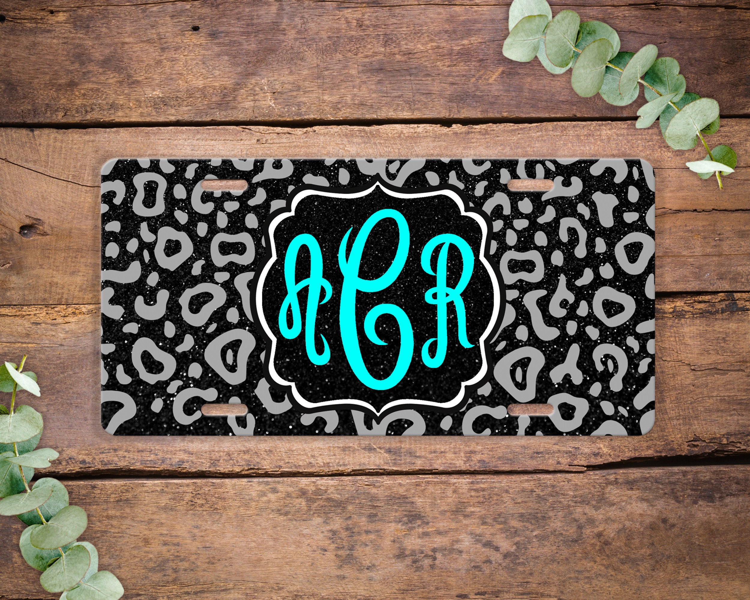 Faux Black Glitter Leopard Animal Print License Plate , Monogram Vanity License Plate