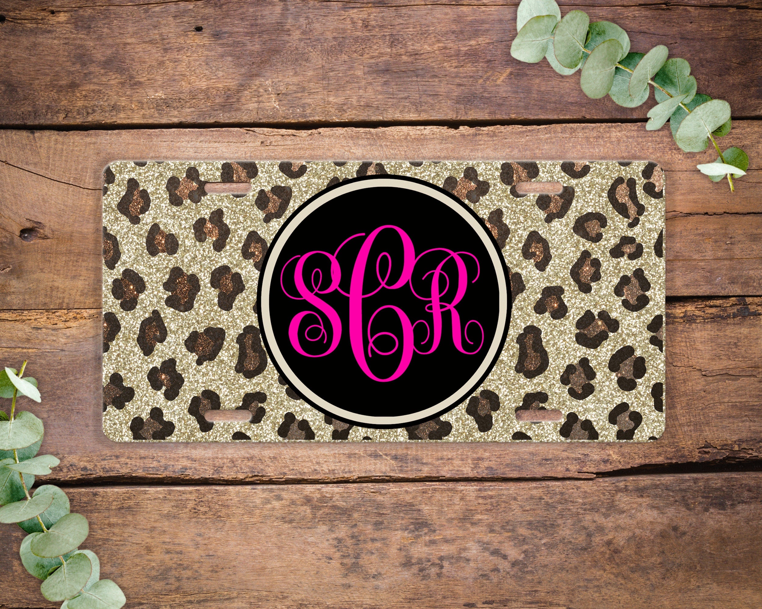 Faux Glitter Cheetah Animal Print License Plate , Monogram Vanity License Plate