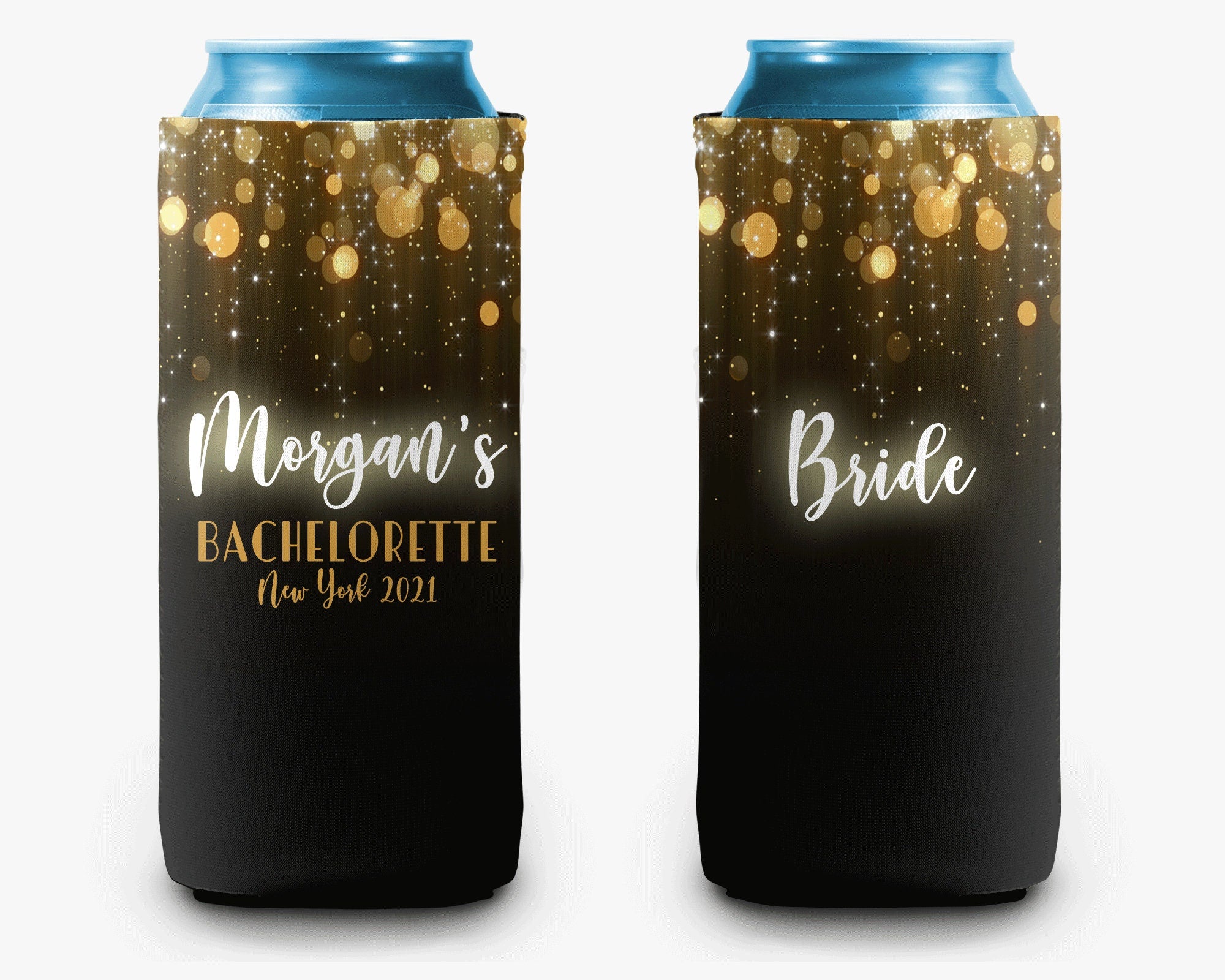 Bachelorette Party Can Cooler Black Gold Confetti Can Cooler Bridal Party Personalized Can Cooler Sleeve