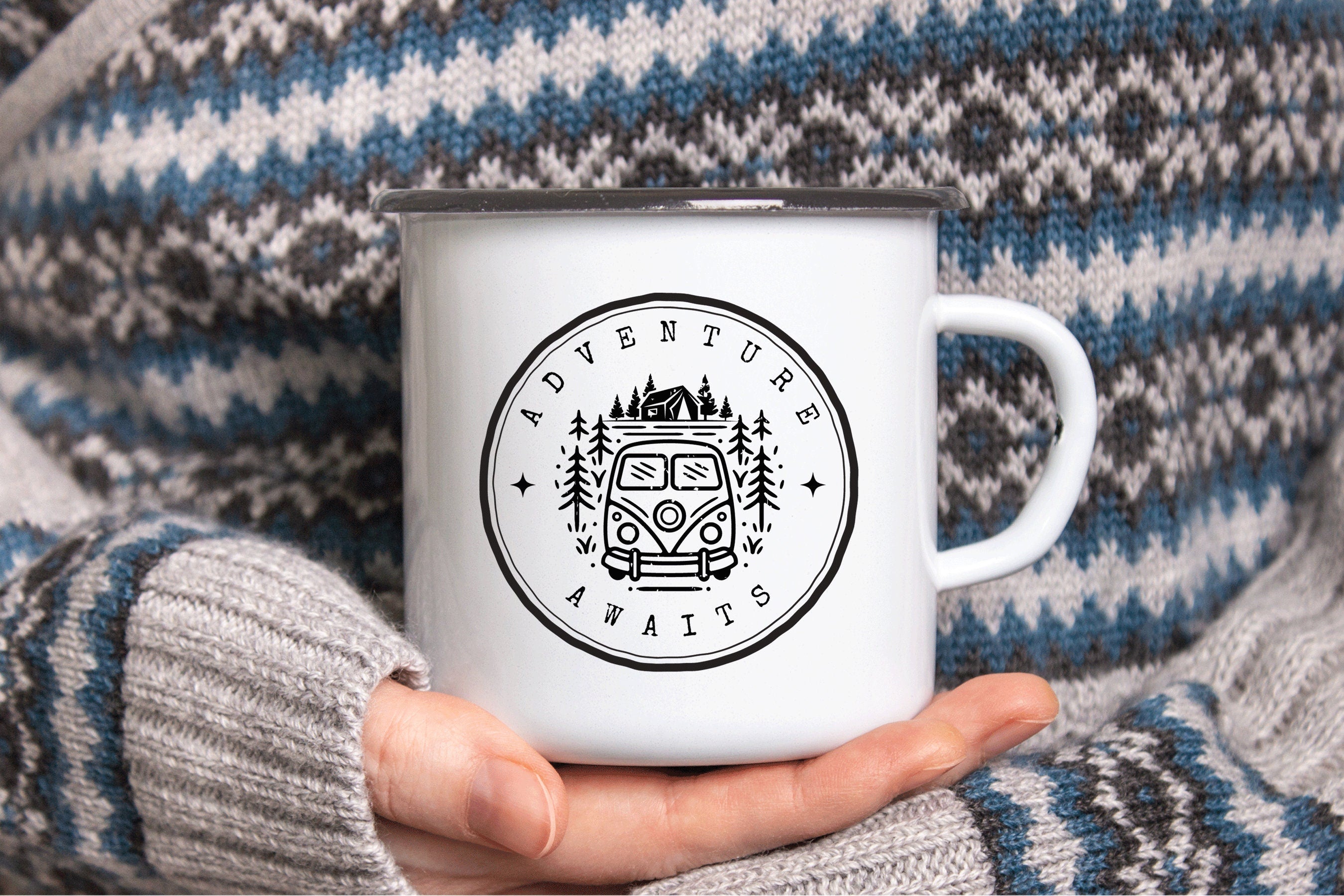 Personalized Adventure Awaits Mug, Custom Enamel Mug, Personalized Wedding Coffee Mug, Campfire Mug, Newly Wed Mug