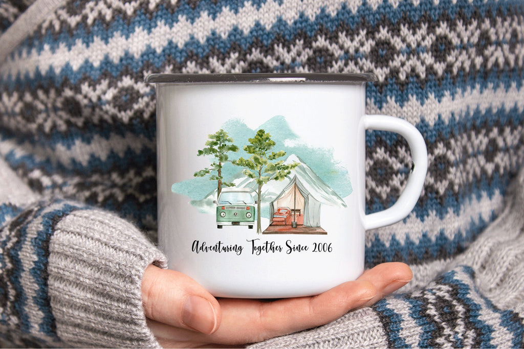 Personalized Adventuring Together Mug, Custom Enamel Mug, Personalized Wedding Coffee Mug, Campfire Mug, Newly Wed Mug