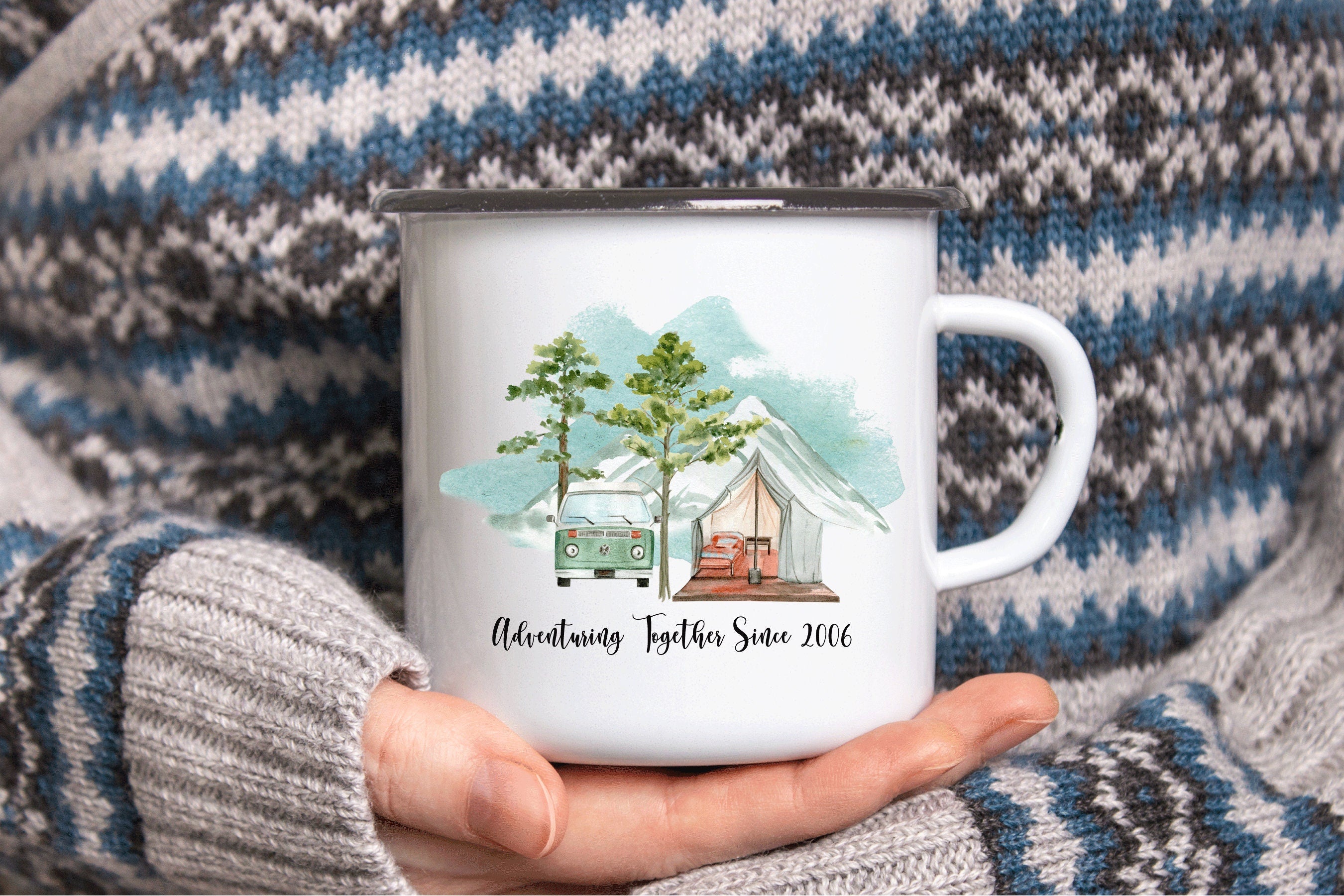 Personalized Adventuring Together Mug, Custom Enamel Mug, Personalized Wedding Coffee Mug, Campfire Mug, Newly Wed Mug