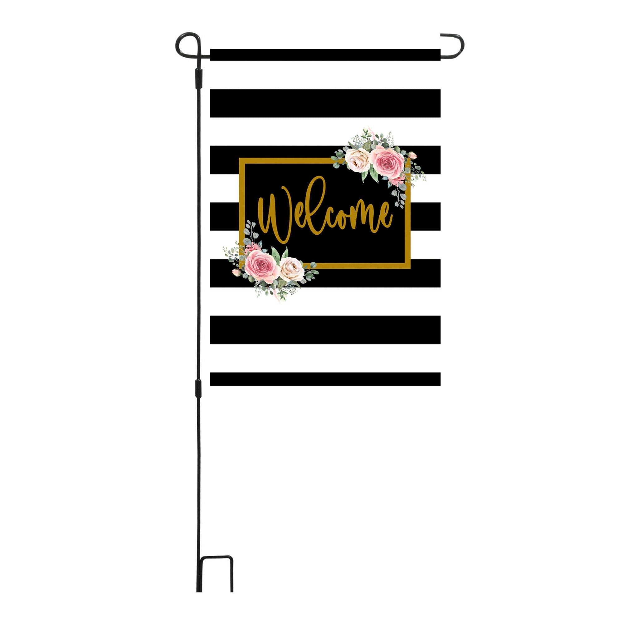 Black Stripe Floral Welcome Garden Flag