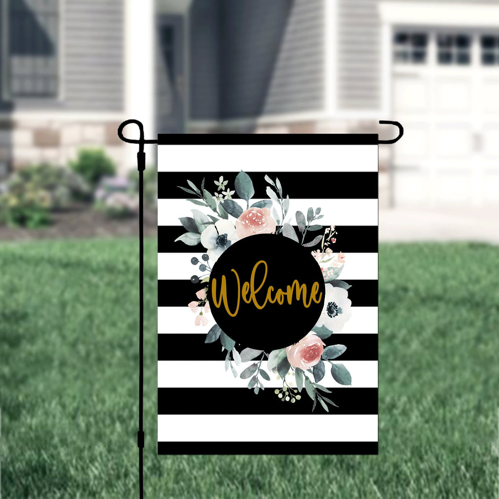 Black Stripe Floral Wreath Welcome Garden Flag