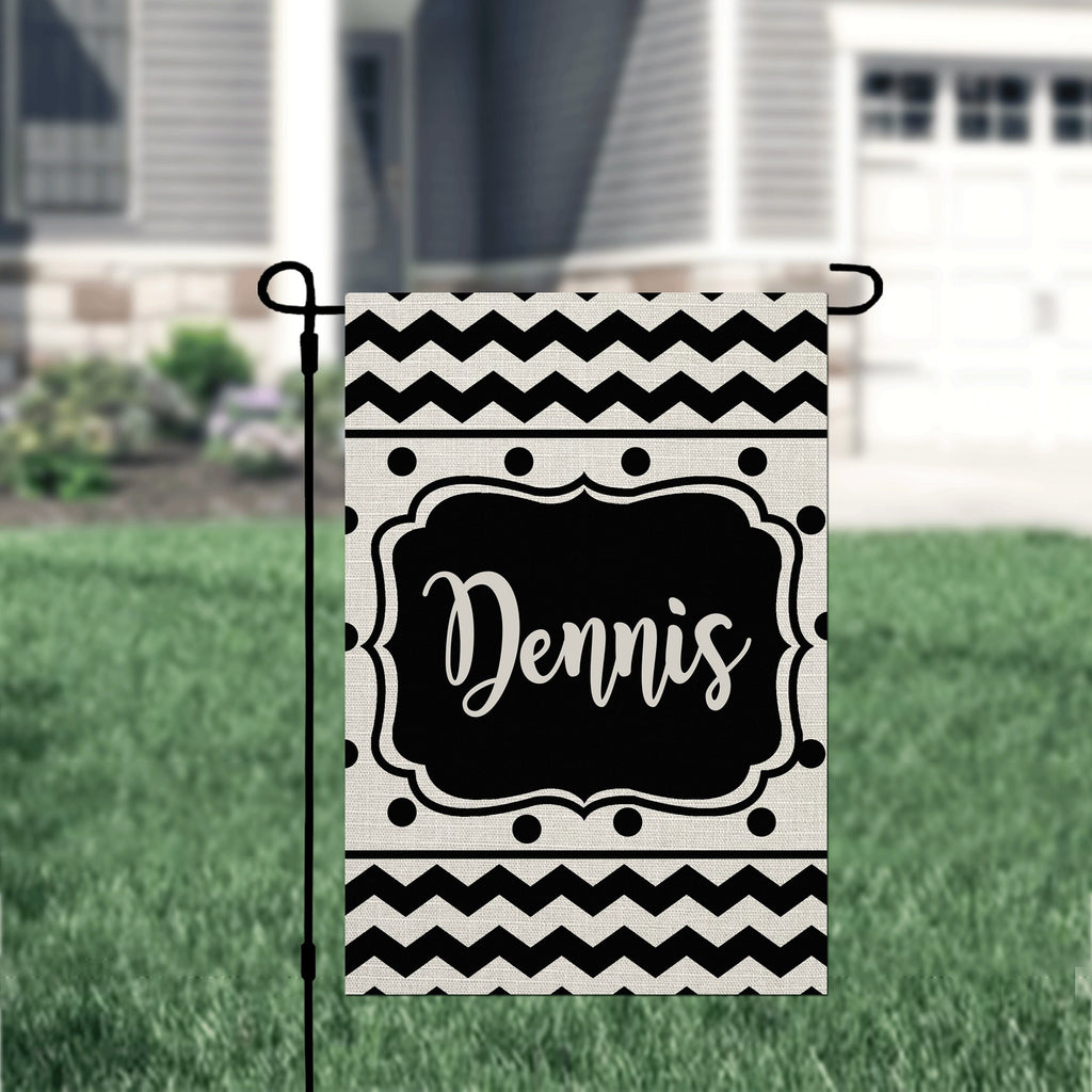 Personalized Custom Garden Flag Black Chevron & Polka Dot