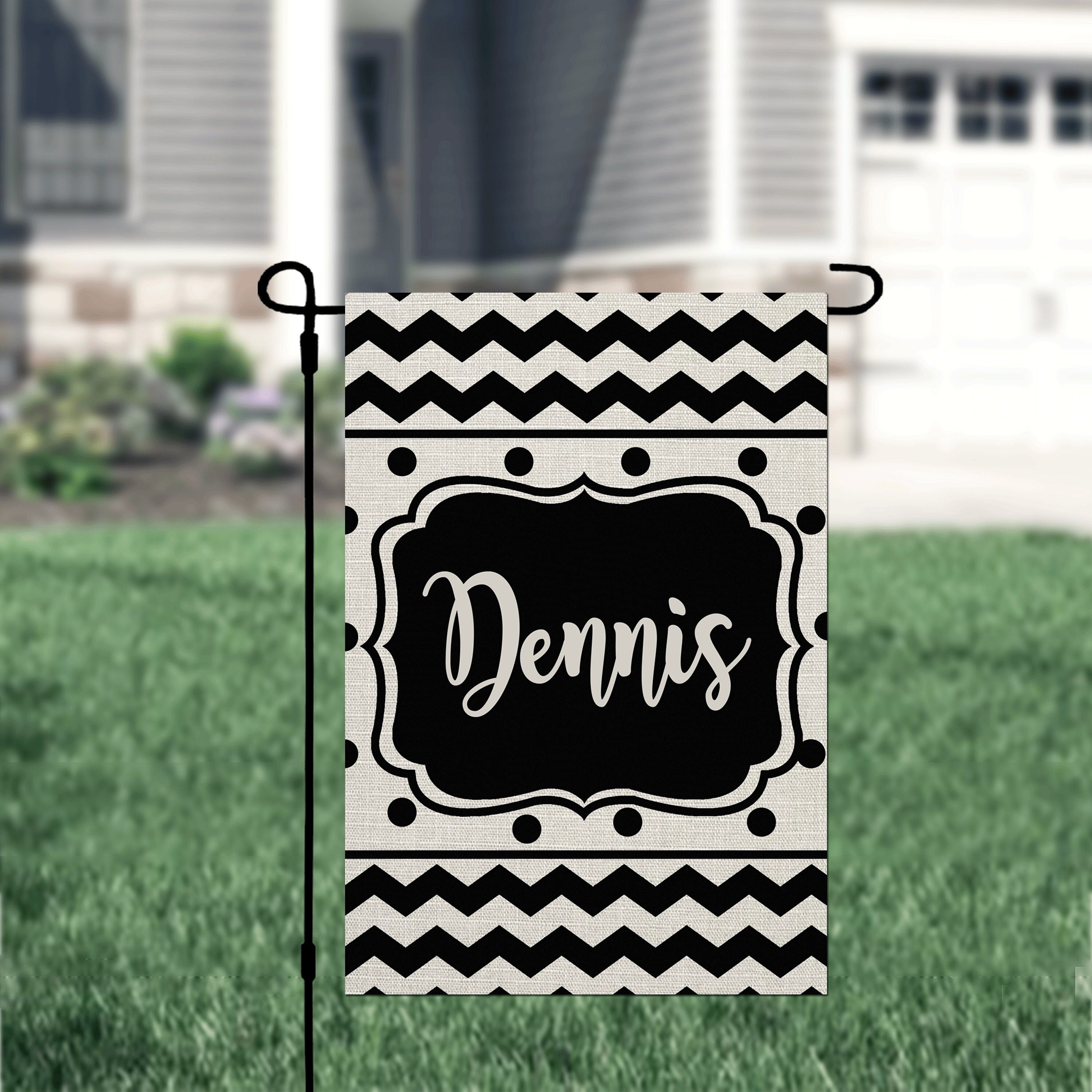 Personalized Custom Garden Flag Black Chevron & Polka Dot
