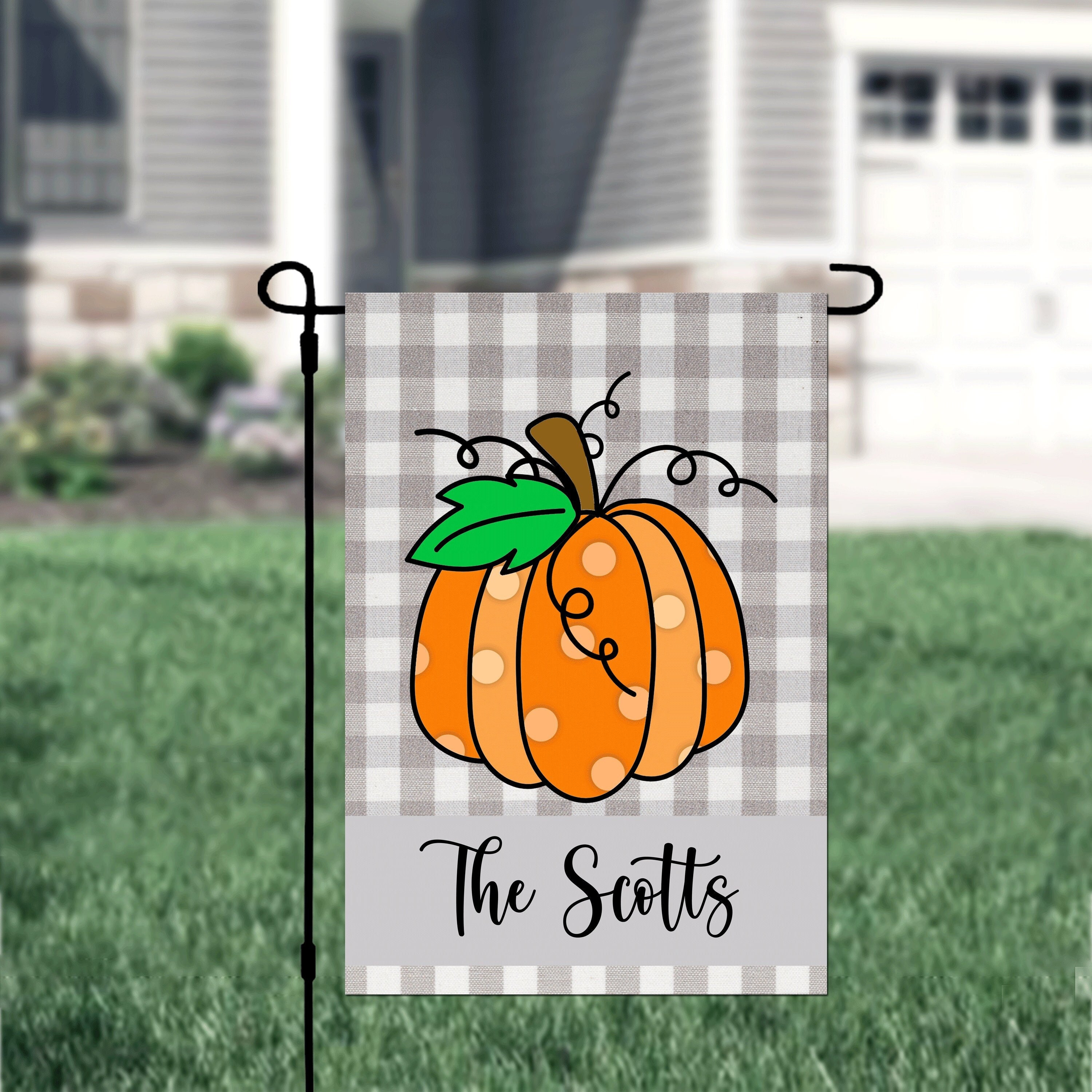 Fall Gray Plaid Pumpkin Personalized Garden Flag Welcome Fall Personalized Garden Flag Linen
