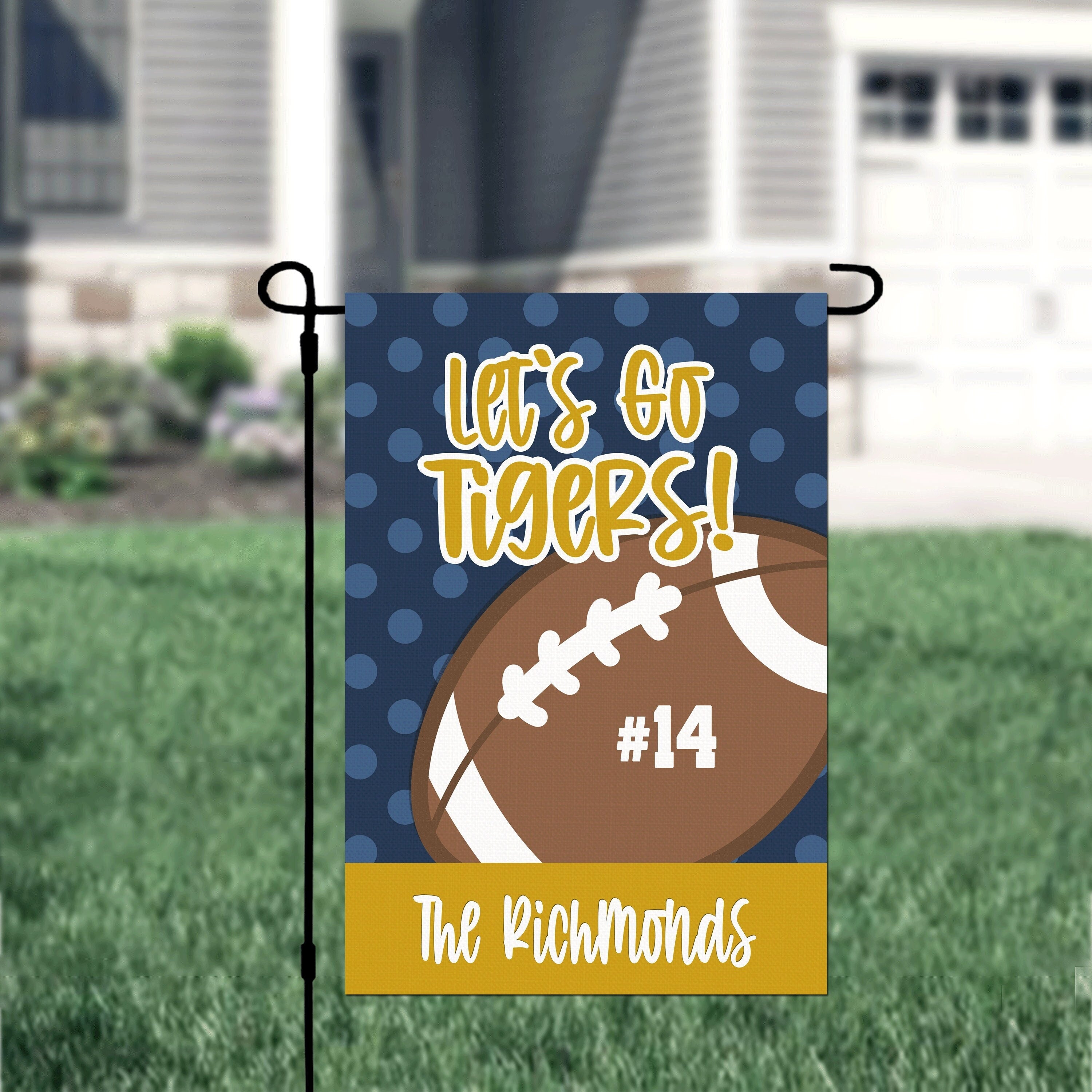 Football Navy Yellow Gold Polka Dot Personalized Garden Flag Custom Football Flag Garden Flag