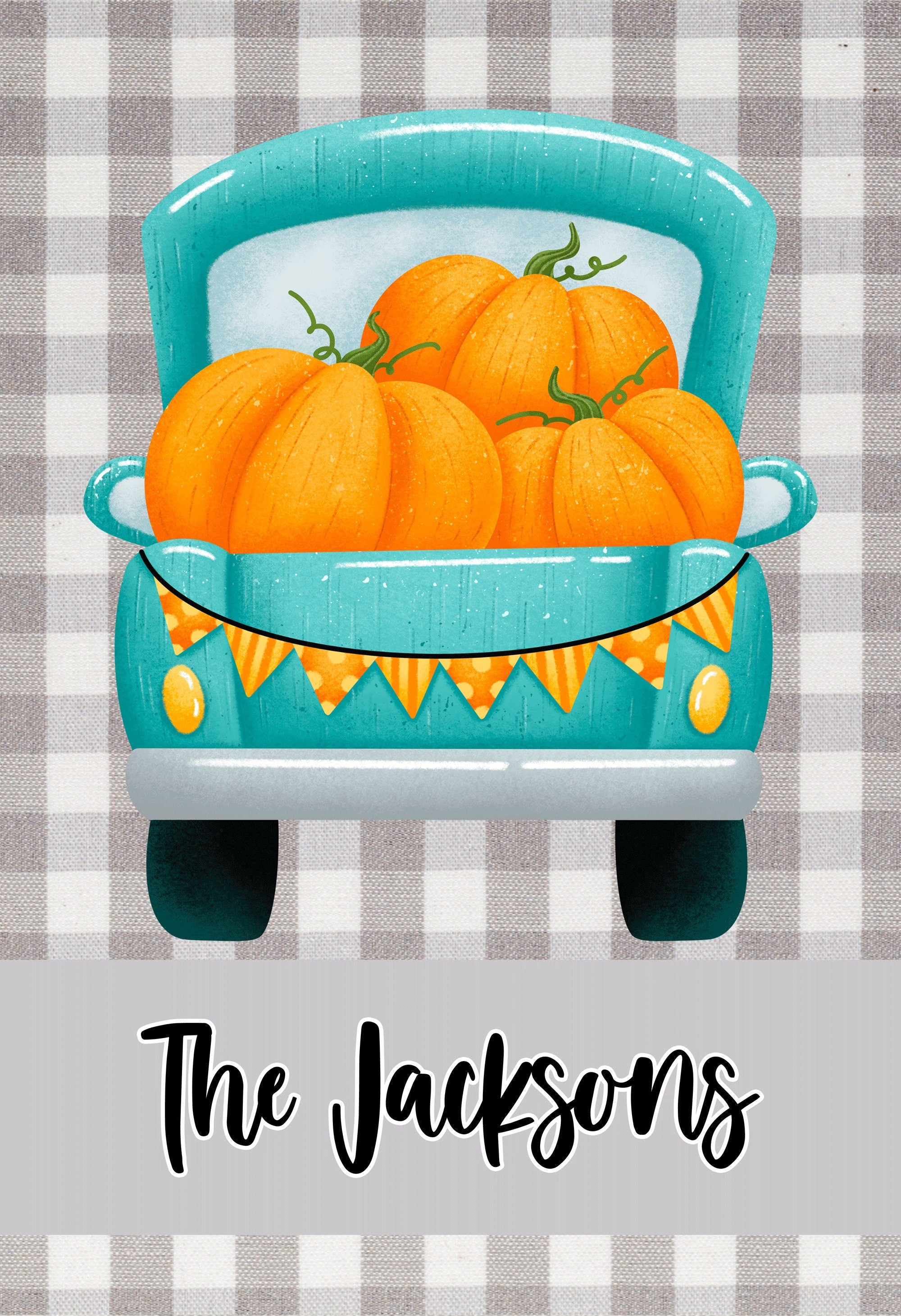 Fall Gray Plaid Truck Pumpkin Personalized Garden Flag Welcome Fall Personalized Garden Flag