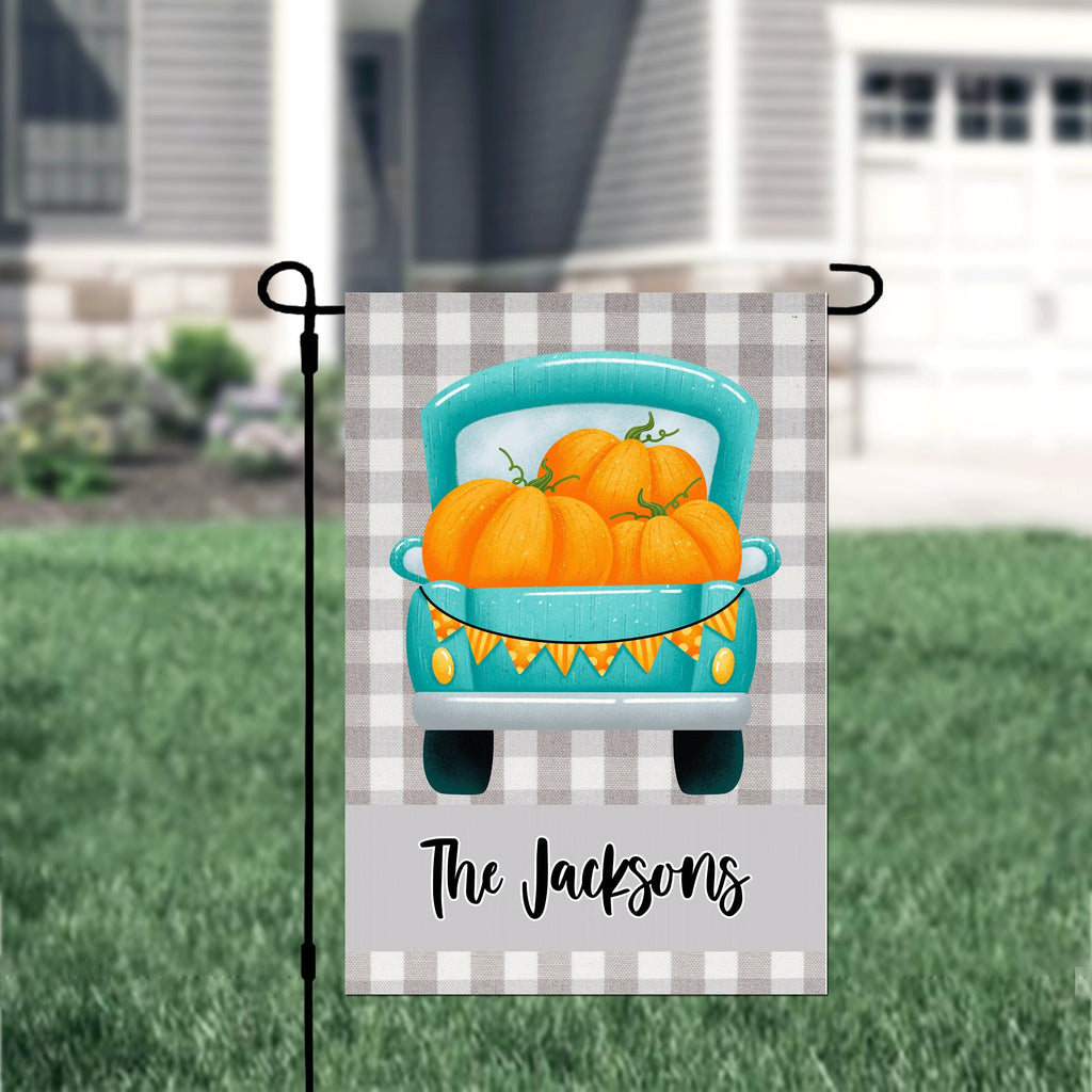 Fall Gray Plaid Truck Pumpkin Personalized Garden Flag Welcome Fall Personalized Garden Flag