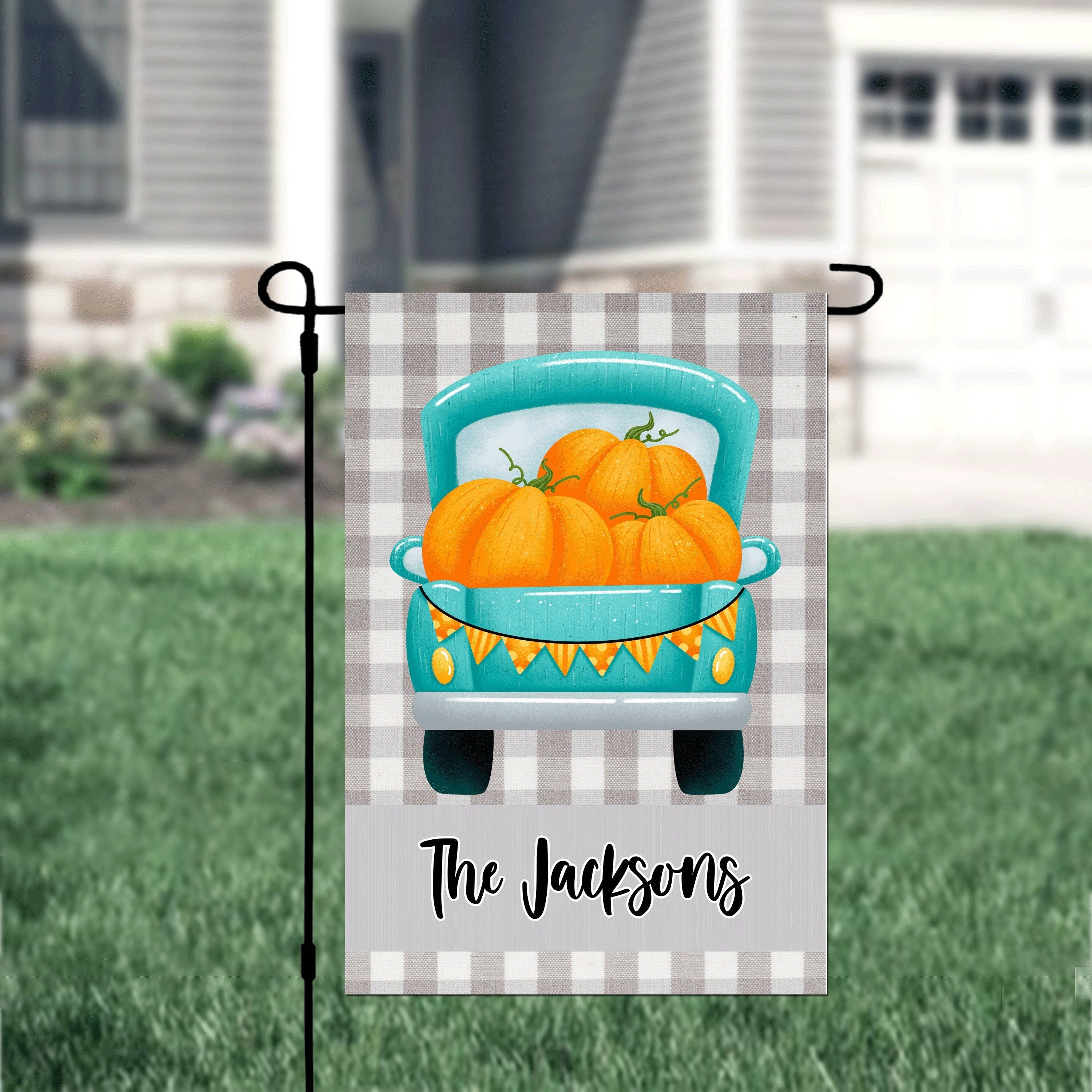 Fall Gray Plaid Truck Pumpkin Personalized Garden Flag Welcome Fall Personalized Garden Flag